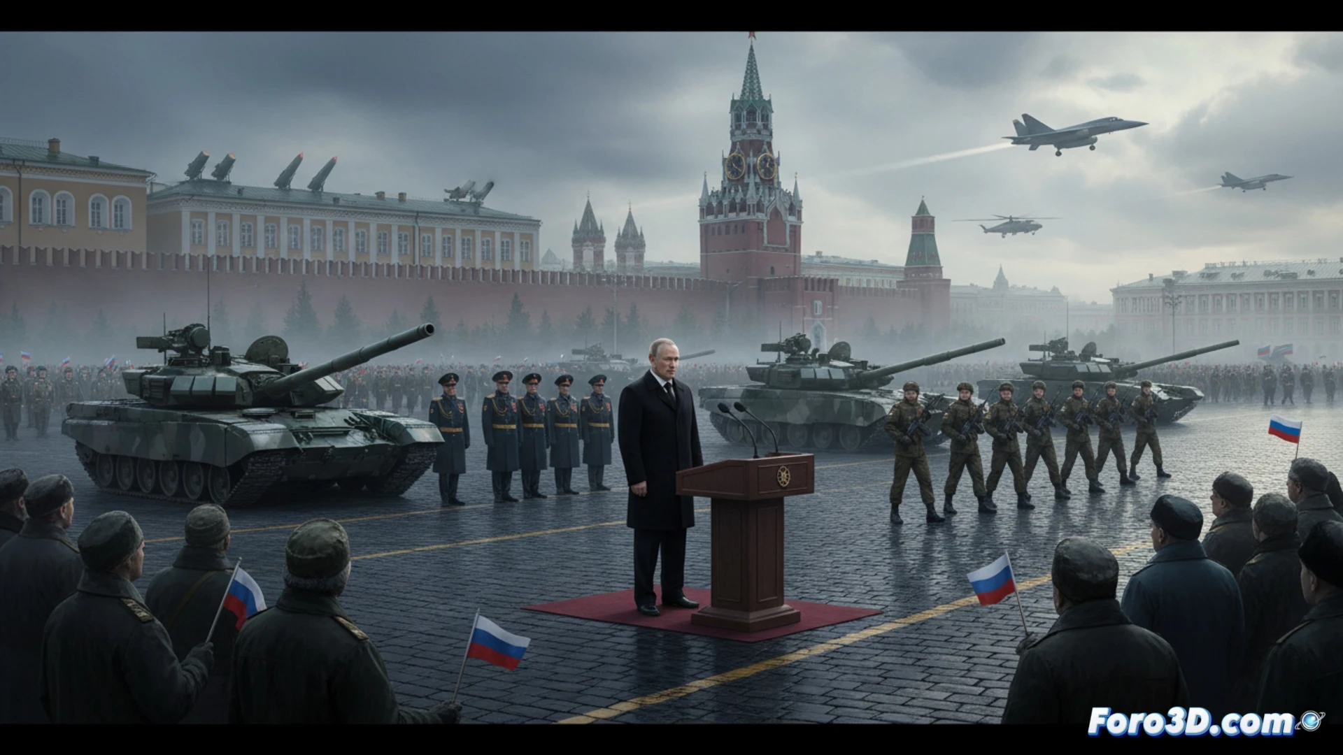 Una vista aérea de la Plaza Roja casi vacía en Moscú, con un reducido grupo de soldados formando filas perfectas frente al Kremlin. En un podio solitario, Putin observa con gesto severo, mientras cielos grises y nubes bajas sugieren la amenaza de drones o misiles.