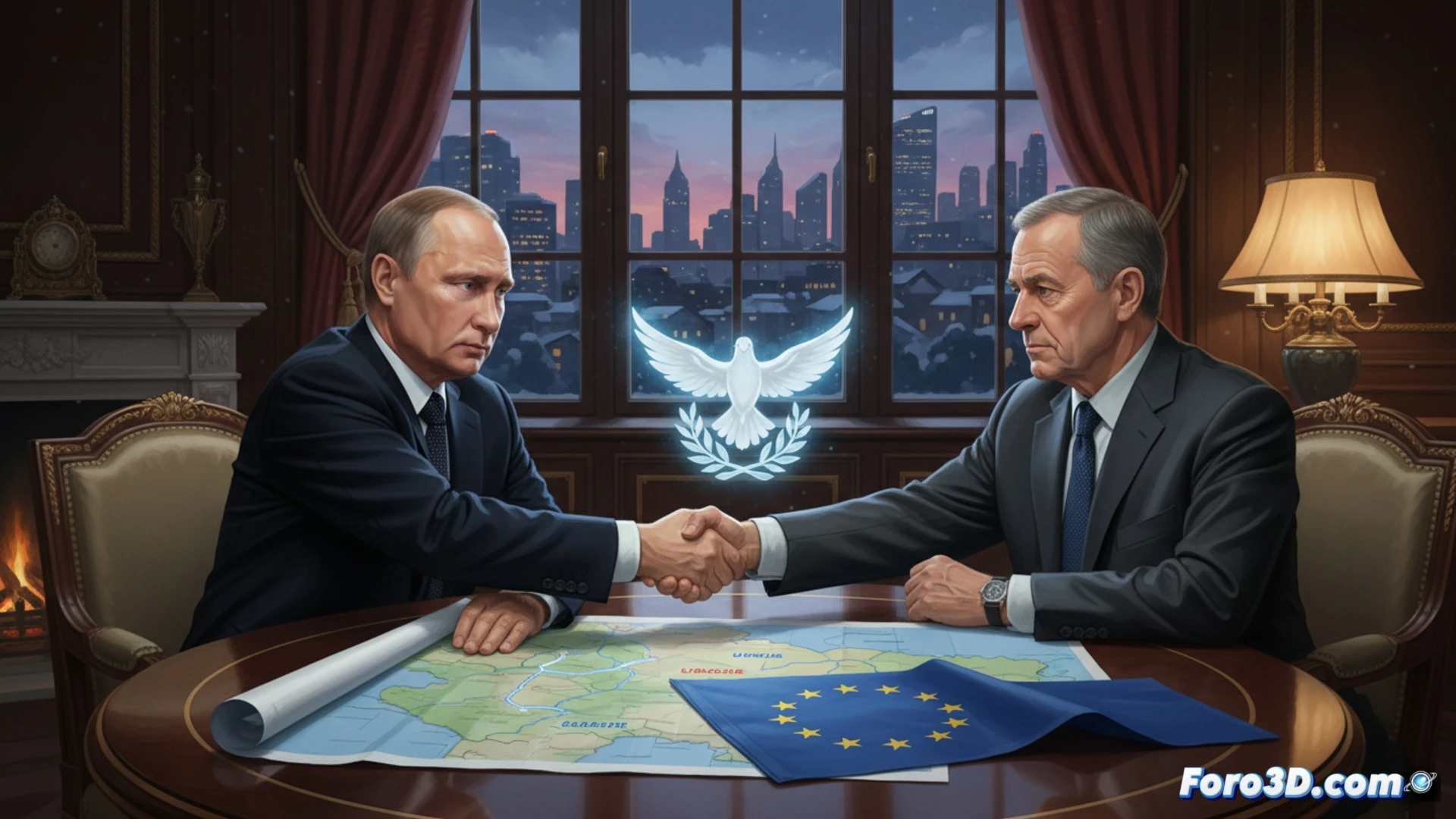 Vladimir Putin y Gerhard Schröder estrechan manos en una sala de reuniones, con mapas de Ucrania y banderas de Rusia y Alemania al fondo.
