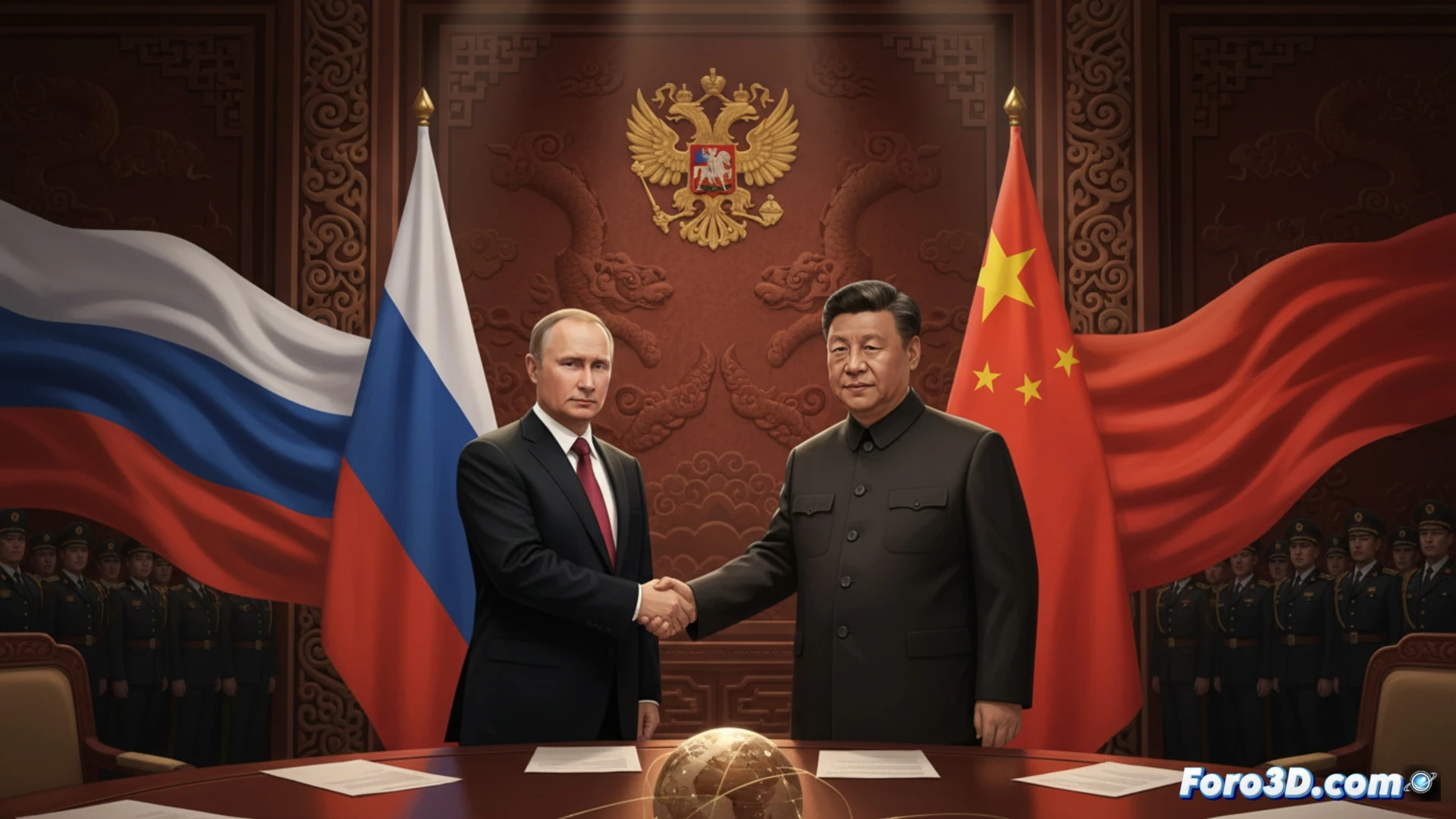 Vladimir Putin and Xi Jinping shaking hands in front of a large digital screen displaying a glowing Eurasian trade route map, laptop open on polished wood table showing real-time economic data graphs, two national flags behind them, photorealistic cinematic lighting, deep blue and red colour palette, wide-angle lens capturing the grandeur of the meeting room, polished marble floor reflecting the scene, subtle lens flare on the screen, ultra-detailed textures on suits and flags, high-end diplomatic atmosphere, technical illustration style