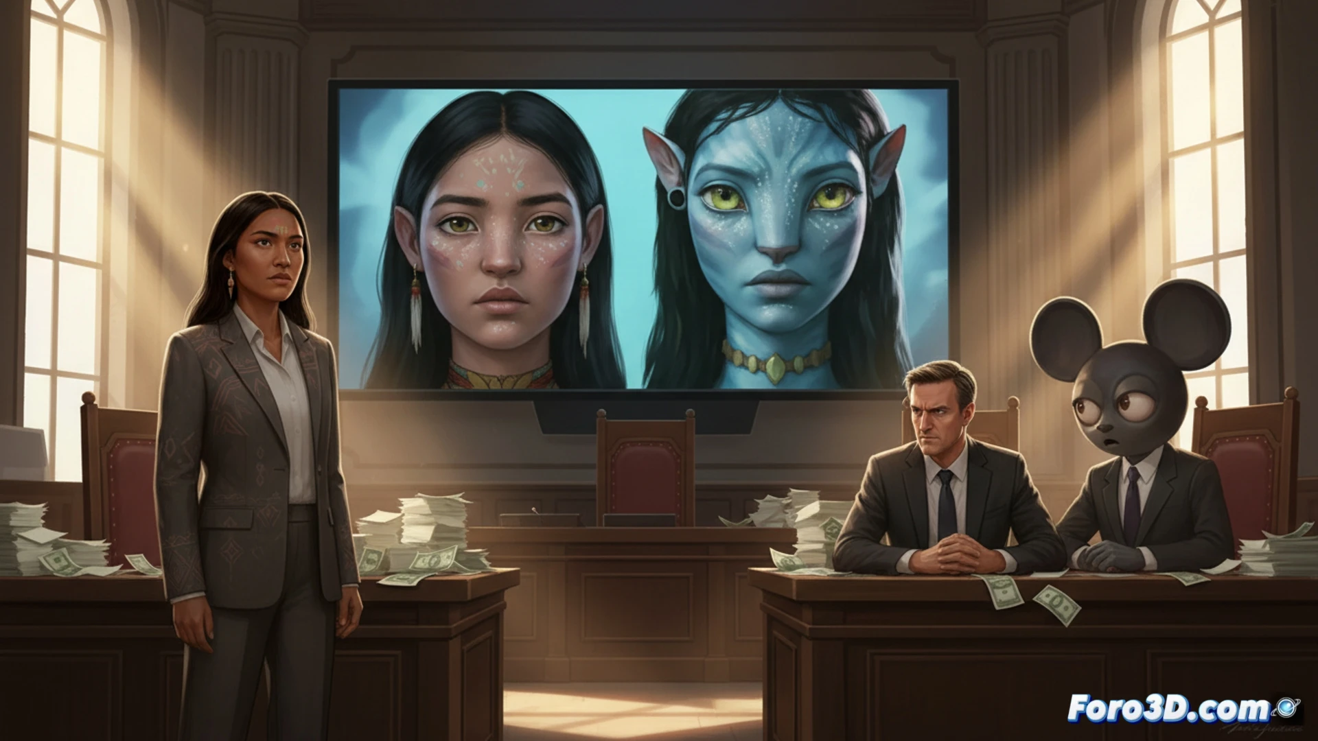 Una actriz indígena señala una pantalla gigante donde Neytiri de Avatar refleja su rostro, mientras James Cameron y el logo de Disney están en un banquillo judicial.