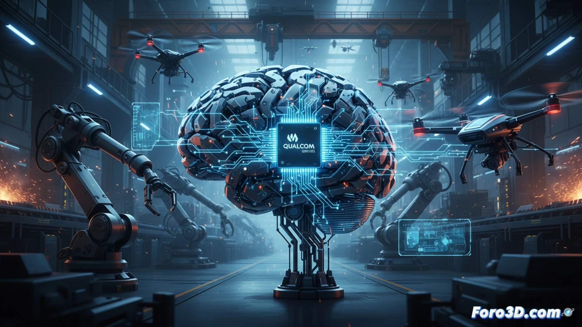 Industrial robotic arm with exposed circuit board brain, glowing neural pathways visible through transparent casing, drone hovering nearby with sensors scanning a factory floor, autonomous forklift moving pallets without human operator, holographic data streams flowing between machines, technical engineering visualization, metallic surfaces with blue LED indicators, motion lines showing real-time decision paths, ultra-detailed processor chip with AI acceleration cores illuminated, photorealistic industrial lighting, dark background with orange safety accents, cinematic depth of field, showing coordinated autonomous workflow