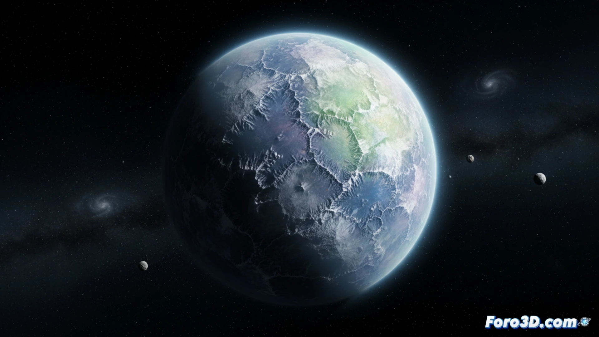 Un mundo helado de 500 km, Quaoar, flota en el espacio con una tenue atmósfera azulada contra el negro estrellado.
