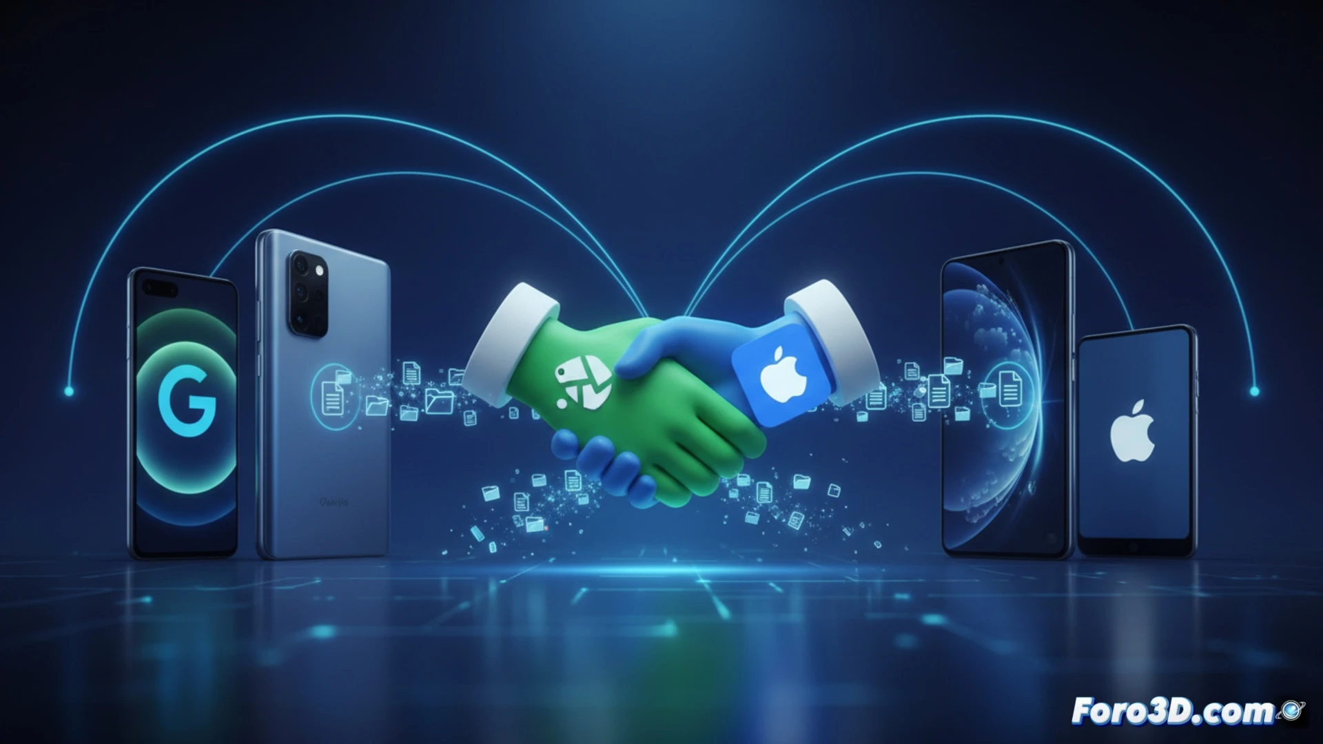 two smartphones side by side, one Android and one iPhone, displaying a glowing file transfer animation between them, a digital handshake icon floating above the devices, wireless connection beams crossing the gap, minimalist desk setup with subtle reflection, cinematic technical illustration, photorealistic render, soft ambient lighting, smooth metallic surfaces, data particles flowing in a circular motion, clean and futuristic aesthetic, demonstrating seamless cross-platform file sharing