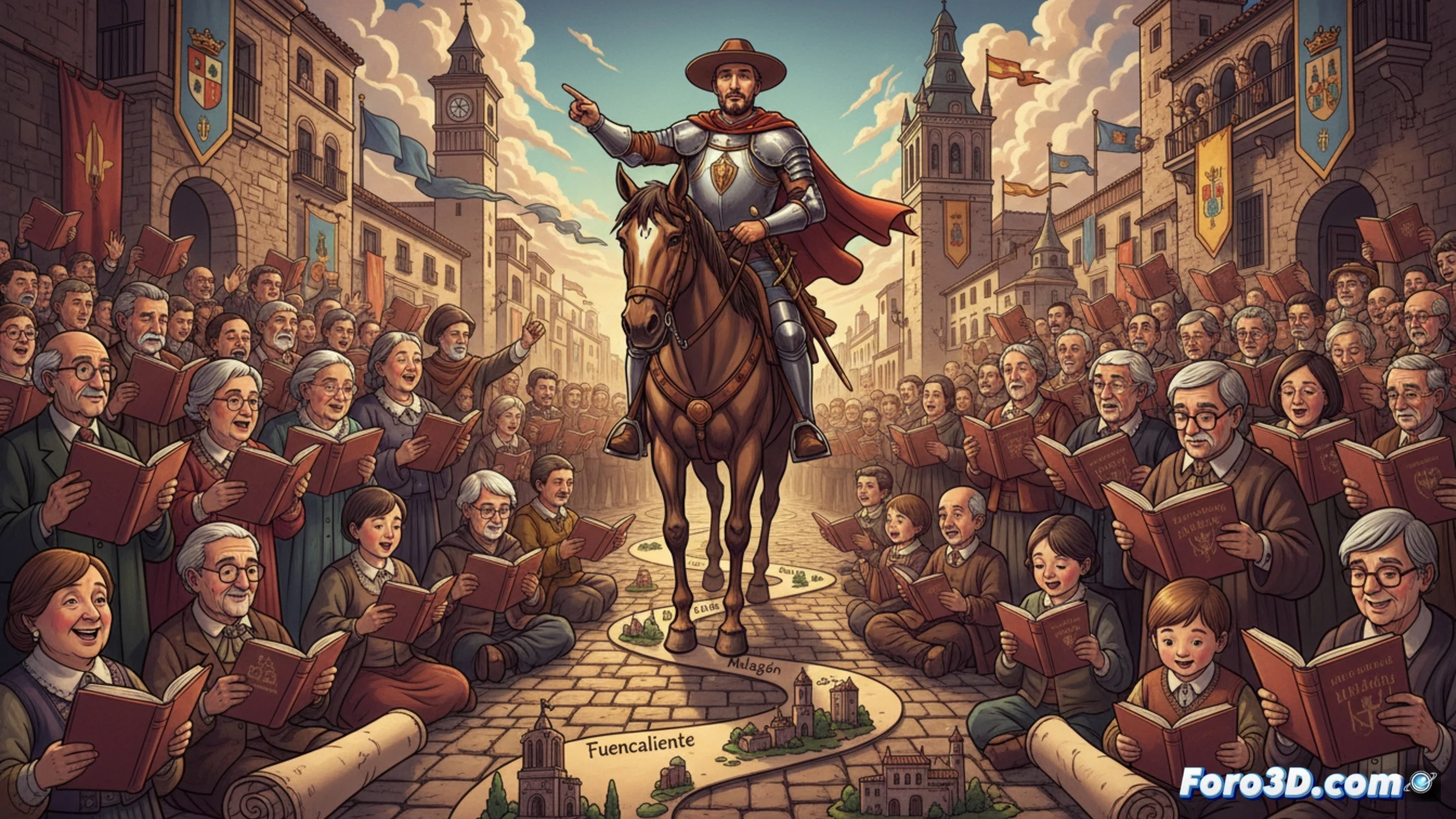 Vecinos de todas las edades reunidos en una plaza de Ciudad Real, compartiendo un libro abierto de Don Quijote, manos sosteniendo páginas mientras un micrófono de pie captura la lectura colectiva, fondo con fachadas de piedra y farolas históricas, luz cálida de atardecer, acción de pasar páginas y señalar párrafos, niños y ancianos leyendo juntos, estilo cinematográfico realista, textura de papel envejecido, sombras suaves, atmósfera comunitaria vibrante, photorealistic technical illustration, detalles de encuadernación y tipografía clásica, escena de proceso cultural participativo