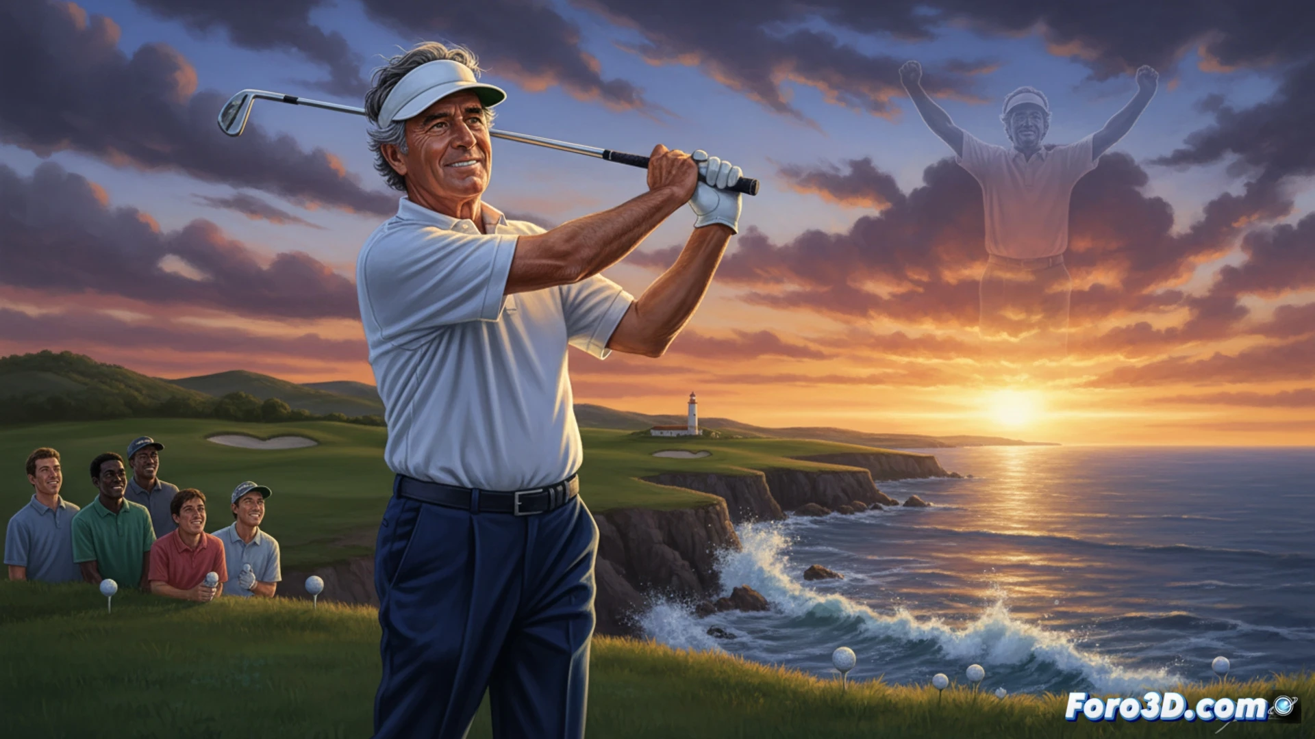 Un campo de golf al atardecer, con un club en primer plano y la silueta de Seve celebrando un golpe imposible.