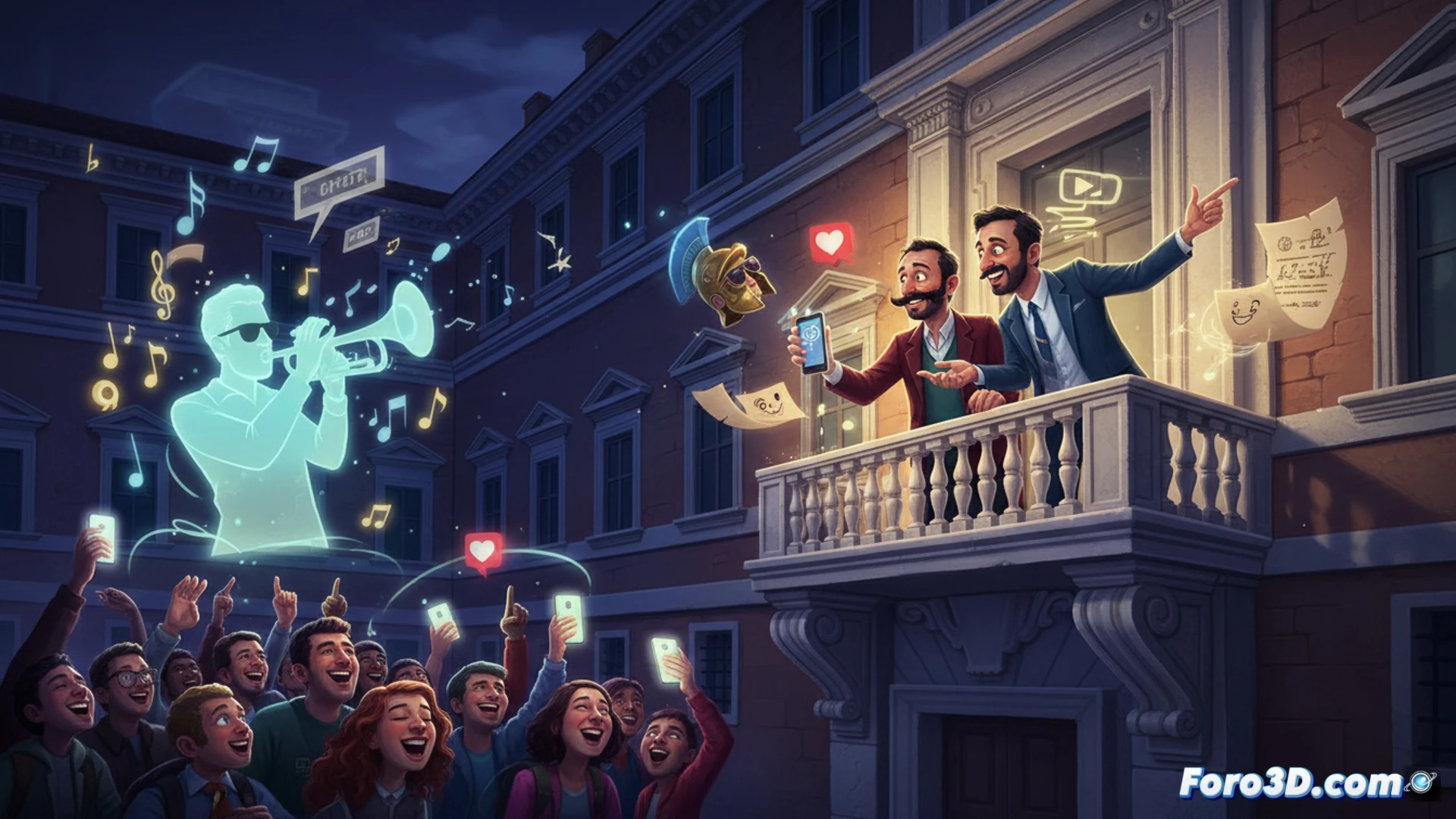 Palacio del Quirinale en estilo cartoon digital, Checco Zalone y Claudio Bisio bailando jazz frente a una pantalla táctil gigante mostrando líneas de tiempo históricas desde 1946, trompeta de Miles Davis flotando con notas musicales animadas mientras jóvenes con smartphones graban el momento, interfaz de edición de video visible con capas de timeline y efectos de humor, fondo con columnas clásicas italianas mezcladas con luces de neón, estilo cinematic photorealistic con toques de ilustración técnica, escena vibrante y dinámica durante una grabación de contenido educativo.