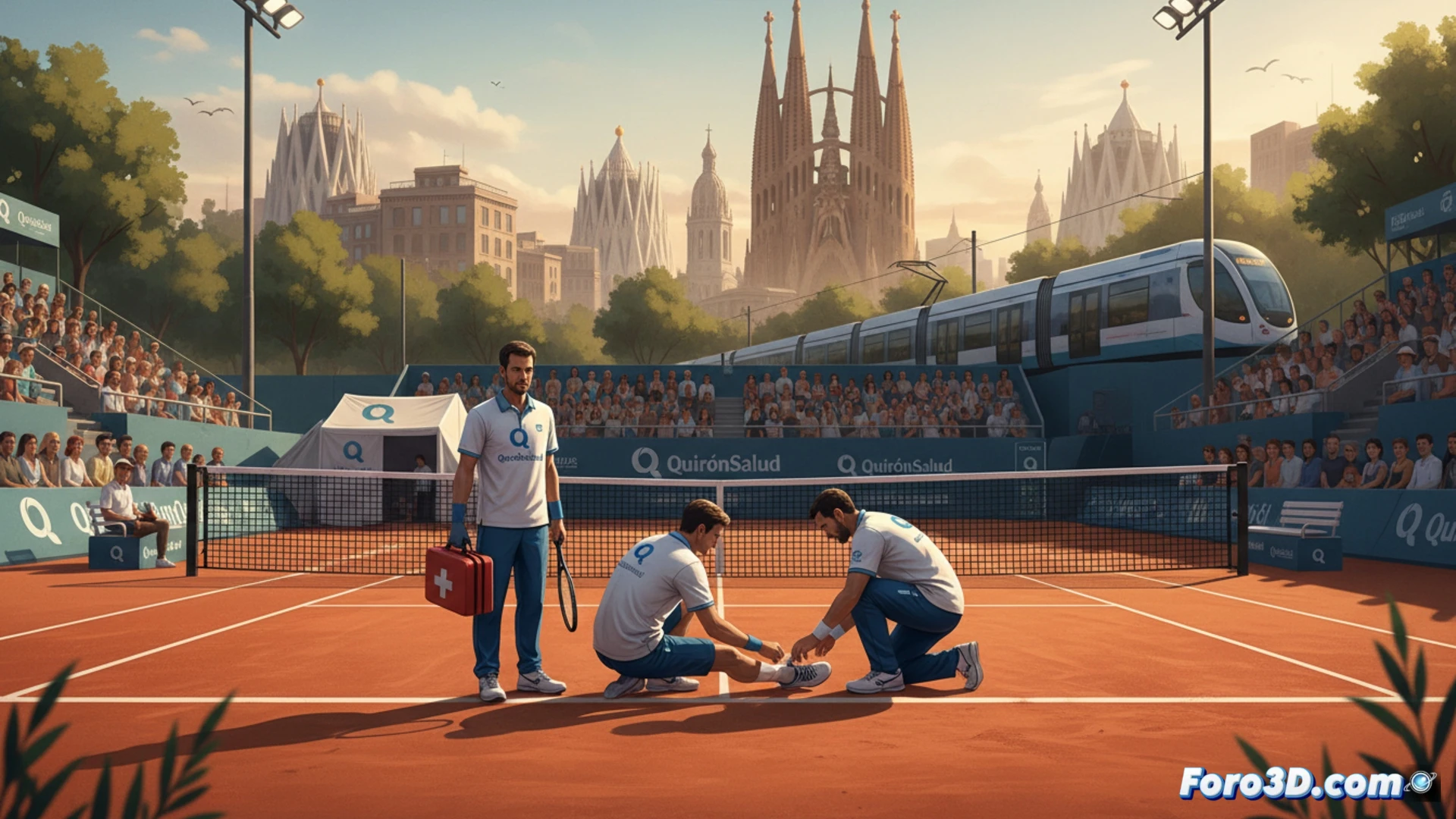 tennis court medical emergency response scene, doctor in white coat kneeling beside injured player on clay surface, medical bag open showing bandages and antiseptic, defibrillator unit on standby, tournament officials holding radios, crowd watching from stands, ambulance visible in background near tunnel entrance, bright sunlight casting sharp shadows on red clay, photorealistic sports medicine visualization, crisp details on medical equipment and uniforms, dramatic action during injury treatment