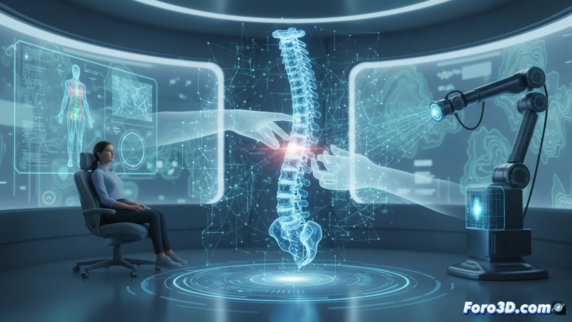 Descripción detallada (80-120 caracteres):  
Un quiropráctico sostiene una tableta con modelo 3D de la columna vertebral, mientras su otra mano ajusta suavemente la espalda del paciente, con hologramas digitales brillando alrededor.
