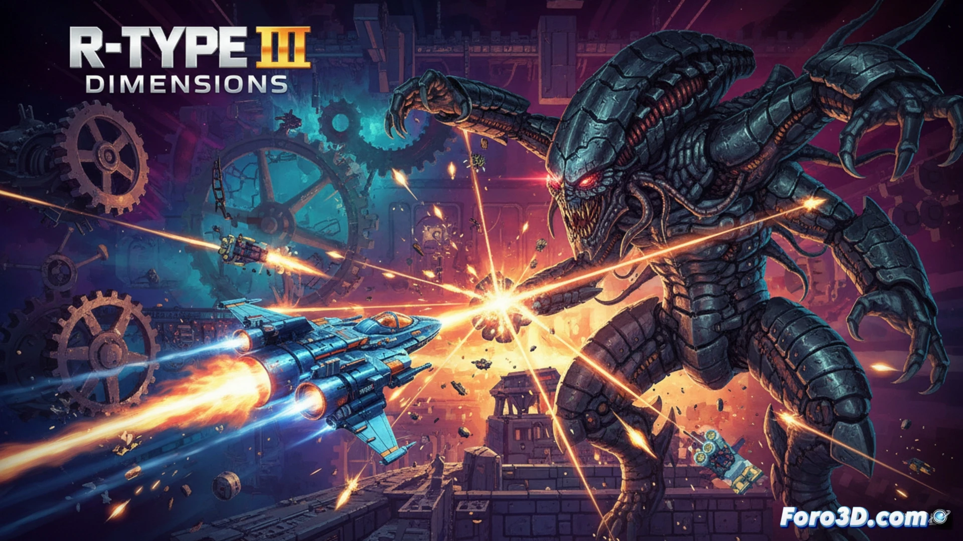 R-Type III Dimensions gameplay scene, spaceship dodging dense pixelated enemy fire during a chaotic level, reflective shield module activating while plasma bolts ricochet off metallic hull, classic side-scrolling shooter action, retro sci-fi aesthetic with modern 3D depth, glowing neon particle trails, screen-filling boss tentacles emerging from darkness, intense difficulty atmosphere, cinematic technical illustration, vibrant red and blue energy contrasts, detailed pixel art textures on upgraded weapon pods, motion blur on ship's afterburner, high-contrast lighting, ultra-detailed mechanical design, photorealistic retro-futuristic render