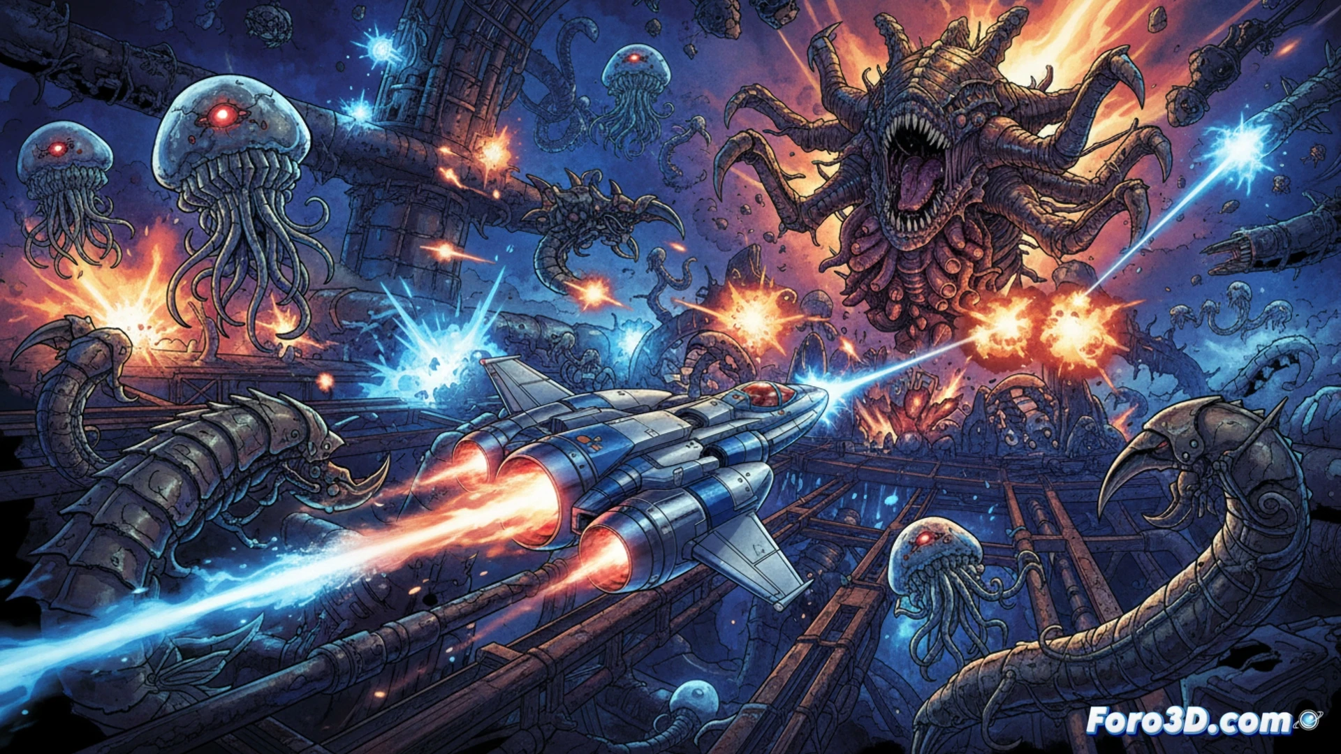 Retro spaceship pixel-art style R-Type III battle scene, biomechanical organic alien boss monster with glowing orange weak points, player ship firing a red laser beam at precise angle, bullet hell patterns of small enemies approaching from top, difficulty intensity shown through dense projectile grid, dark space background with neon green and blue enemy textures, 16-bit era pixel aesthetic but upscaled to modern crisp resolution, dramatic explosion particles mid-action, cinematic retro gaming visualization, motion lines tracing bullet paths, ultra-detailed sprite work with metallic sheen on the ship, photorealistic pixel art hybrid style