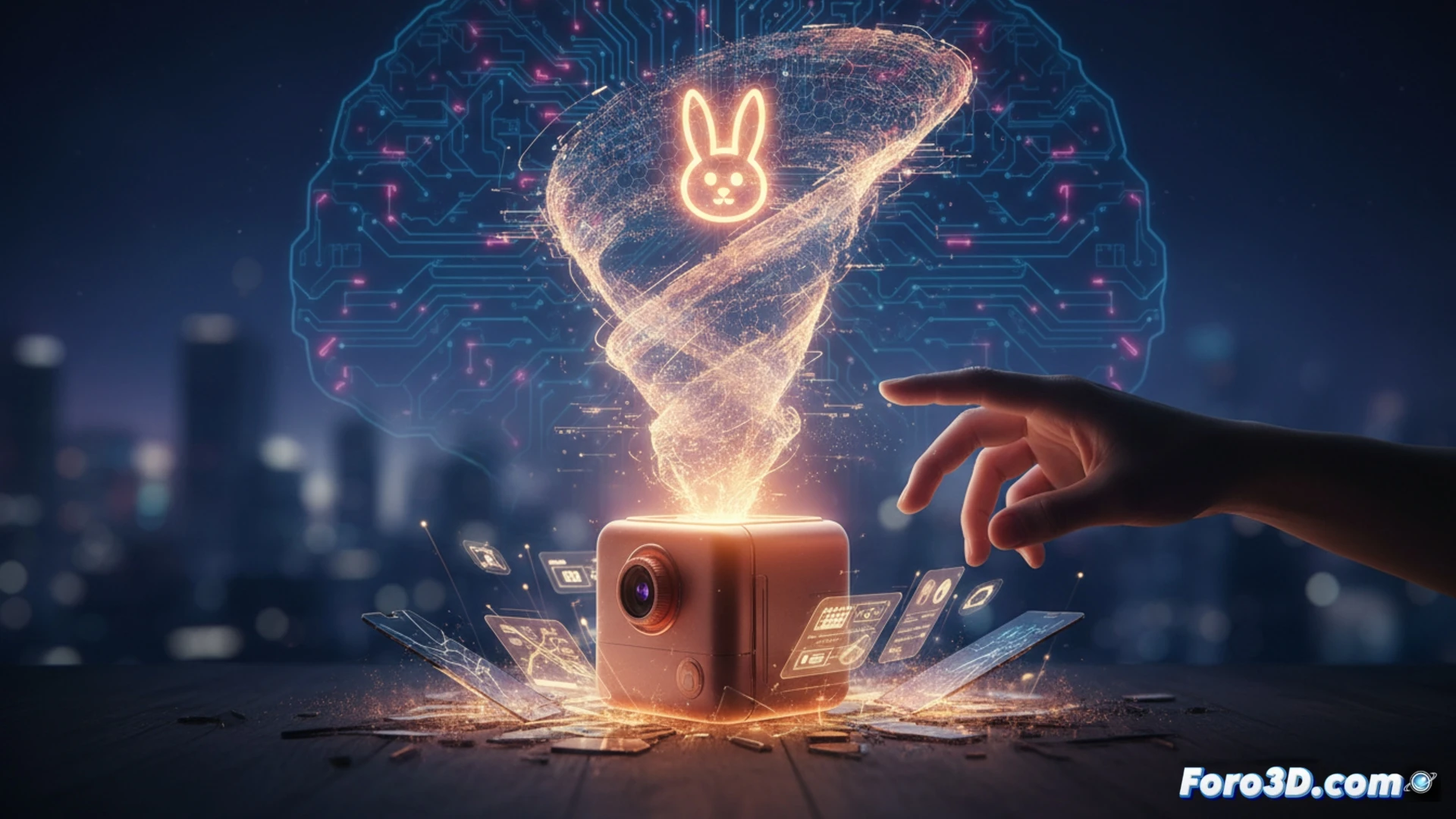 Rabbit R1 dispositivo portatil con inteligencia artificial y pantalla minimalista en mano humana