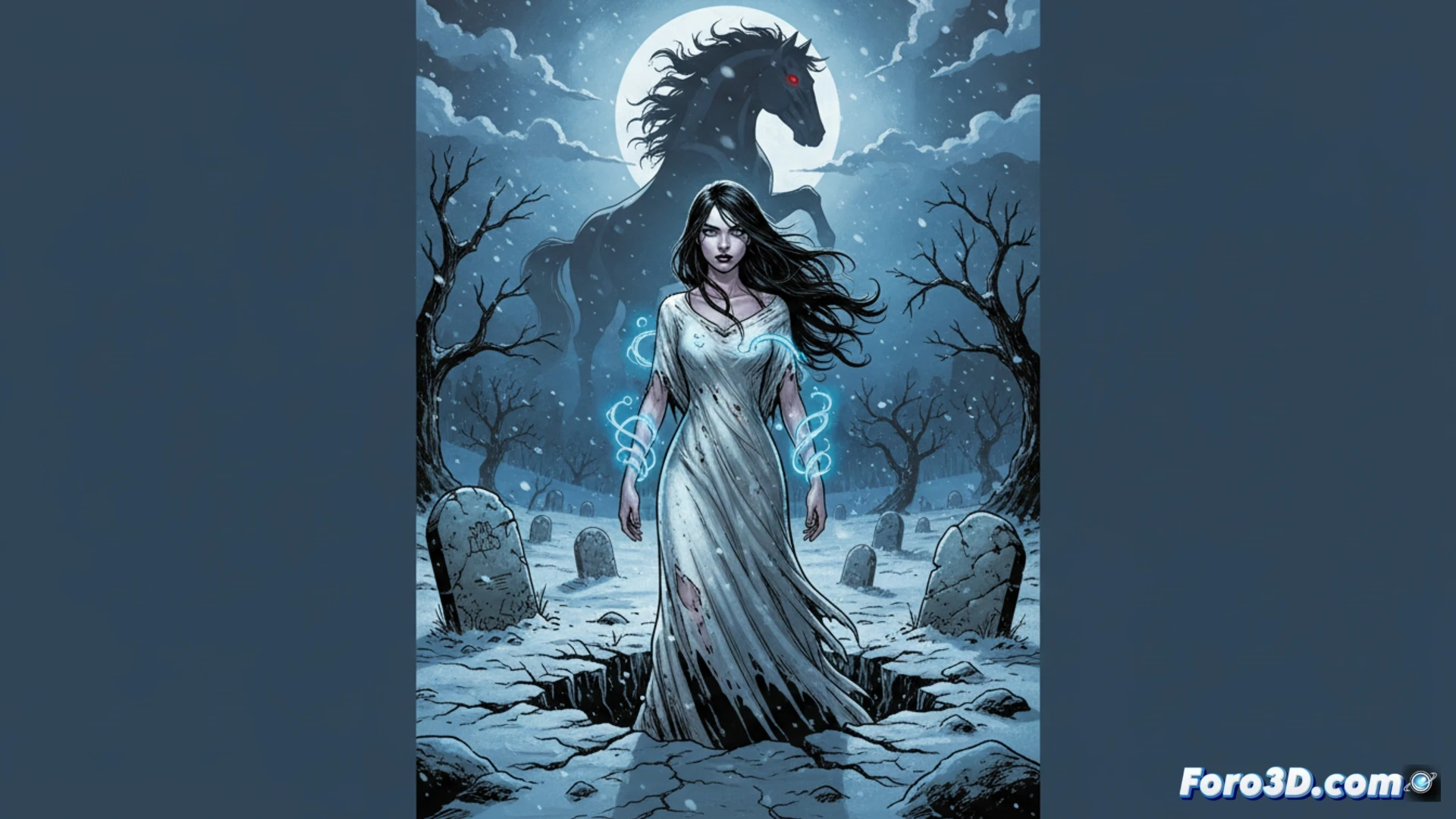 Ilustración sombría de Rachel Beck, con tierra en su vestido blanco, emergiendo de una tumba abierta bajo un cielo tormentoso, evocando misterio y terror sobrenatural al estilo cine negro.