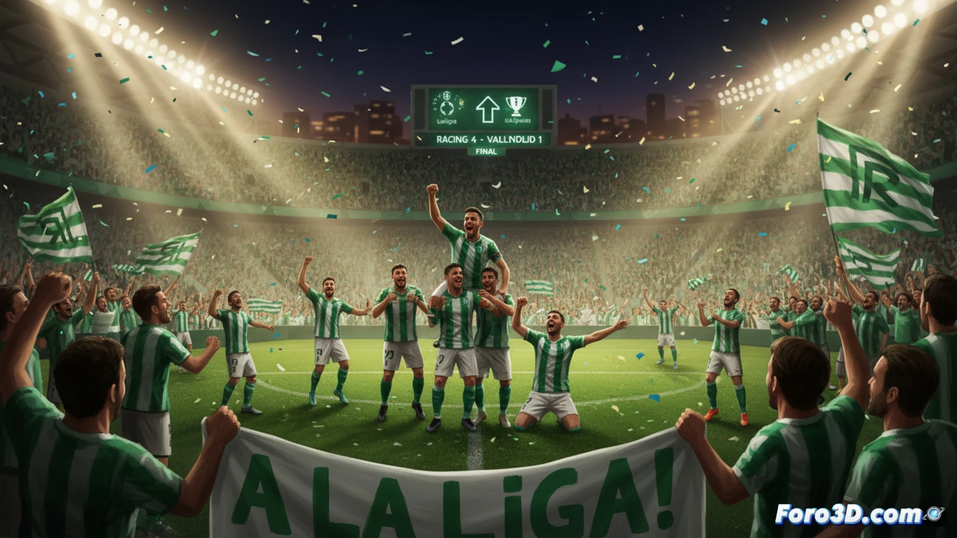 Jugadores del Racing de Santander celebran el ascenso a LaLiga EA Sports tras ganar 4-1 al Valladolid en El Sardinero, con afición eufórica.
