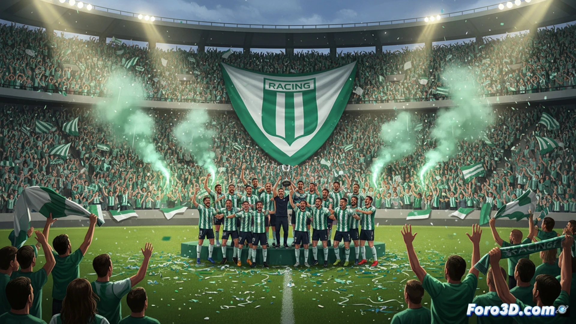 Descripción: Multitud verdiblanca en Los Campos de Sport ondea bufandas y banderas, mientras jugadores y directiva celebran desde el césped el ascenso del Racing a Primera División.