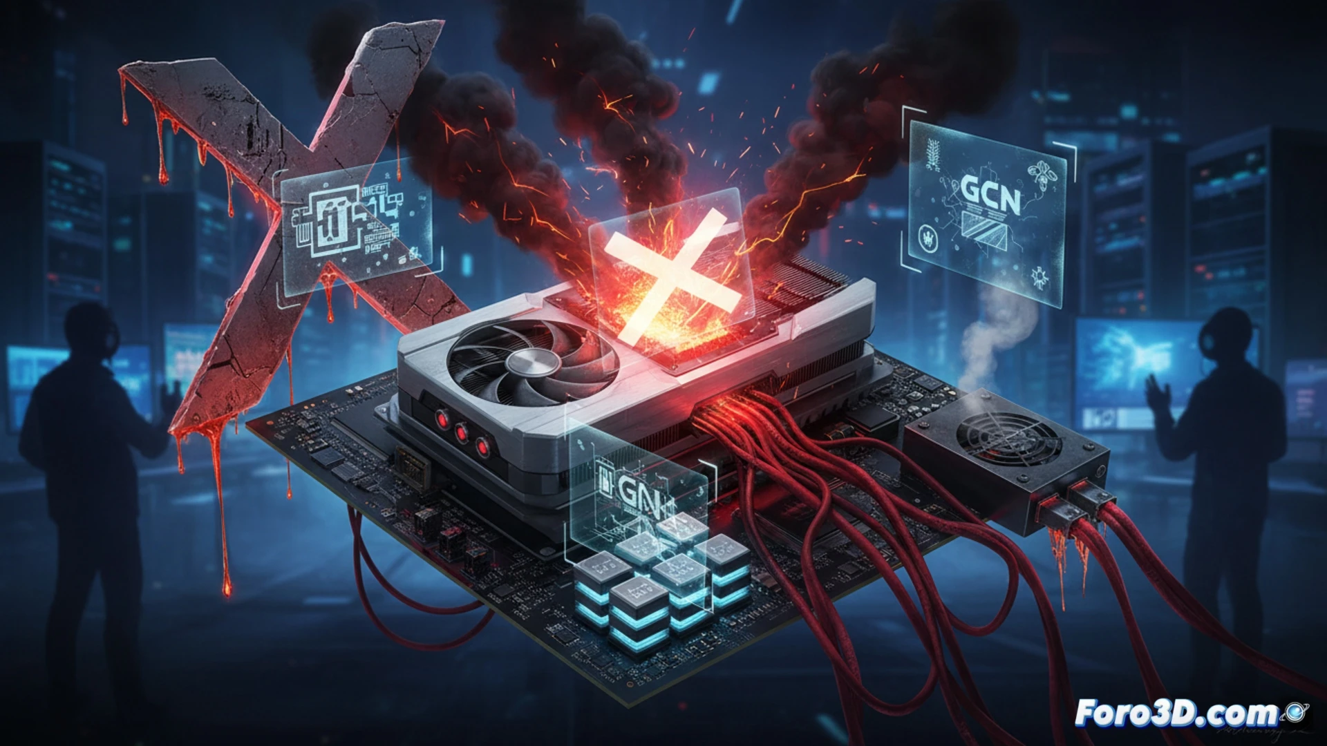 Radeon Vega graphics card with glowing red LEDs mounted on a test bench, oscilloscope showing power spikes near 300W, thermal camera overlay revealing intense heat across the GPU die, liquid cooling tubes struggling to dissipate heat, HBM2 memory modules exposed with a price tag icon hovering above them, broken GCN architecture diagram fading in background, cinematic engineering visualization, dark laboratory setting with warning lights, smoke particles rising from the VRM area, photorealistic technical render, dramatic red and amber lighting, ultra-detailed PCB traces and components, failure analysis atmosphere