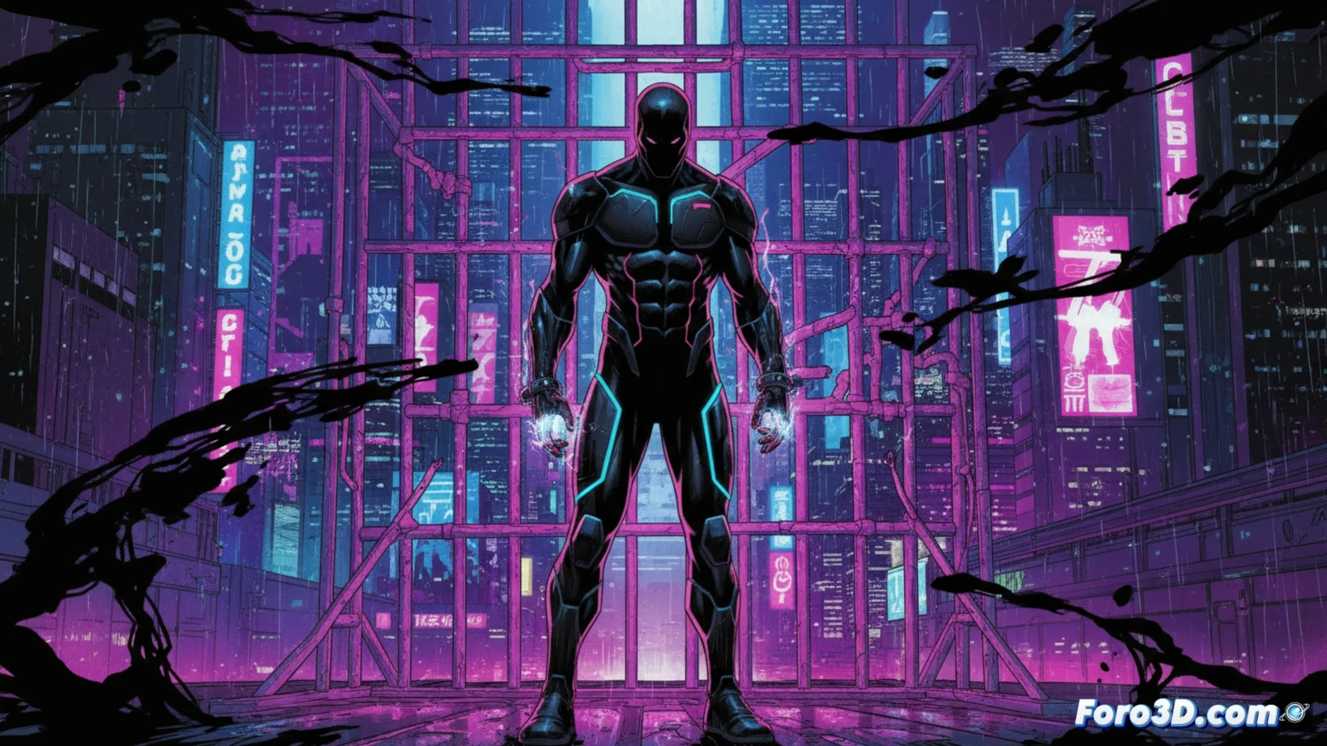 Ilustración de Radiant Black con armadura neón rosa y azul, estilo Sentai, fondo urbano nocturno cyberpunk
