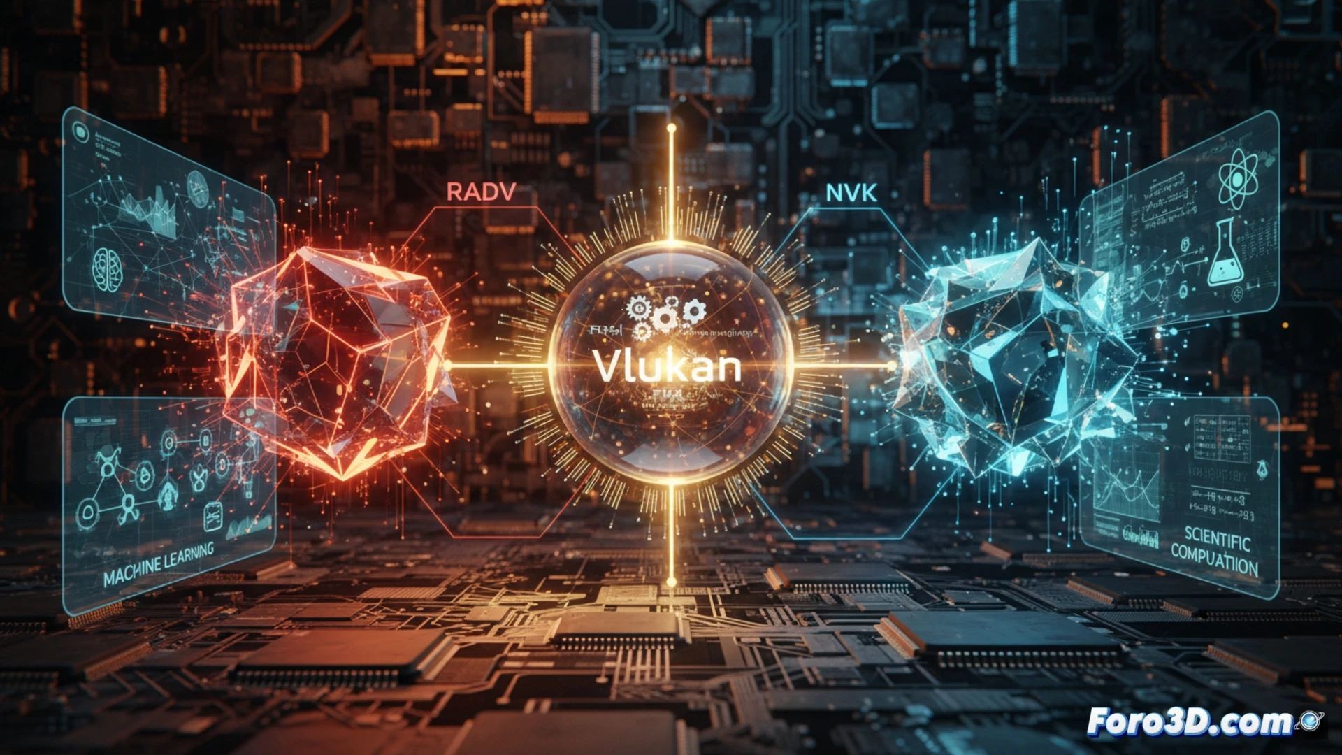 fused multiply-add operation inside a modern Radeon GPU die, shader cores executing parallel FMA instructions with glowing precision paths, green circuit traces and silicon wafer layers visible, scientific computation data flowing through Vulkan pipeline, cinematic engineering visualization, macro lens view of semiconductor microstructure, blue and orange electron microscope lighting, photorealistic technical illustration, heat dissipation fins in background, machine learning tensor cores faintly lit