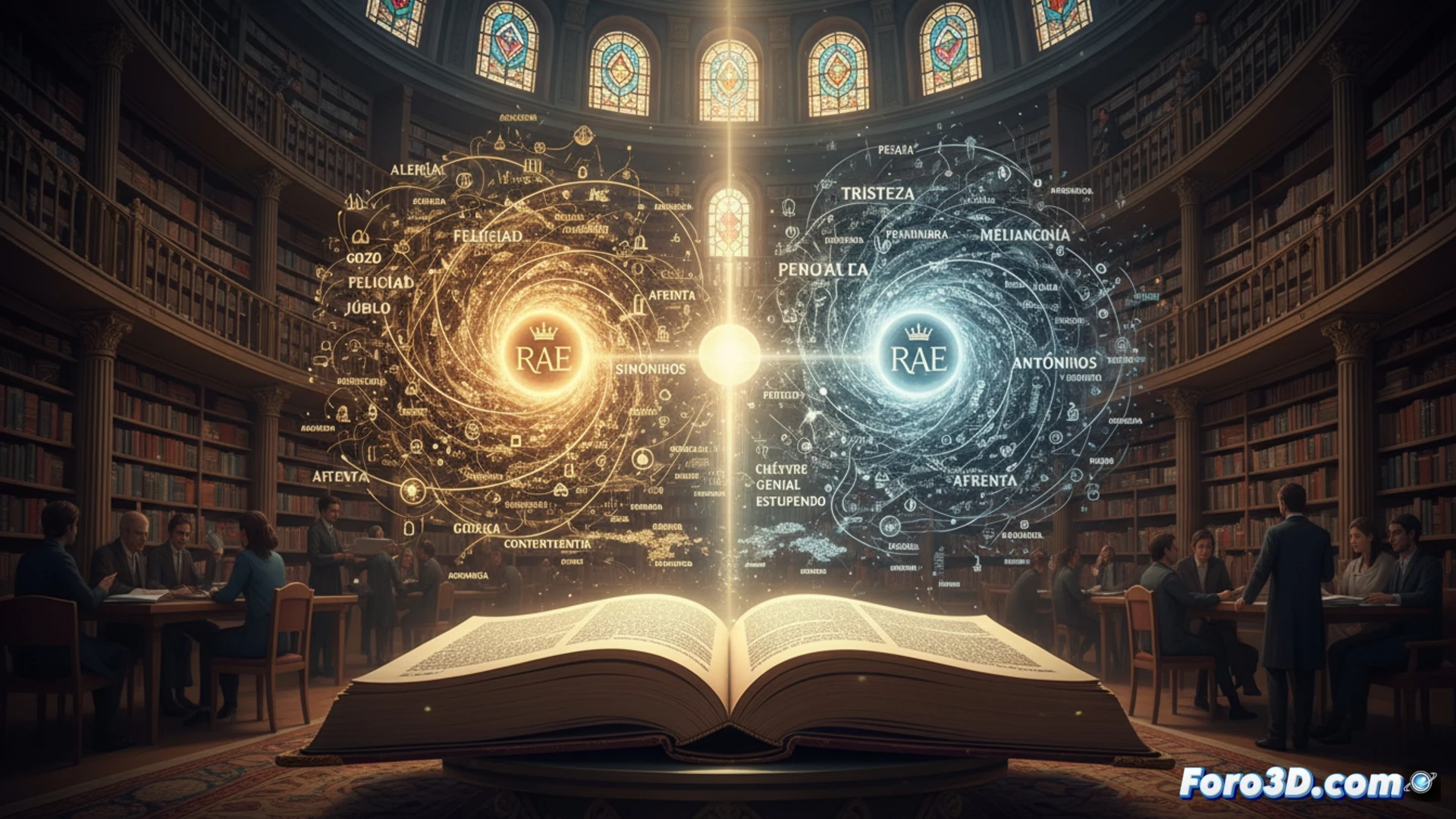 Real Academia Española librarian hands a modern digital tablet showing a split-screen thesaurus interface to a young writer, antique leather-bound dictionaries stacked on wooden desk beside an open laptop displaying synonym network visualization, warm library light filtering through tall arched windows, dust particles floating in sunbeams, quill pen and inkwell as historical contrast, photorealistic editorial illustration, rich mahogany tones, detailed book spines with gold lettering, scholarly atmosphere, cinematic depth of field