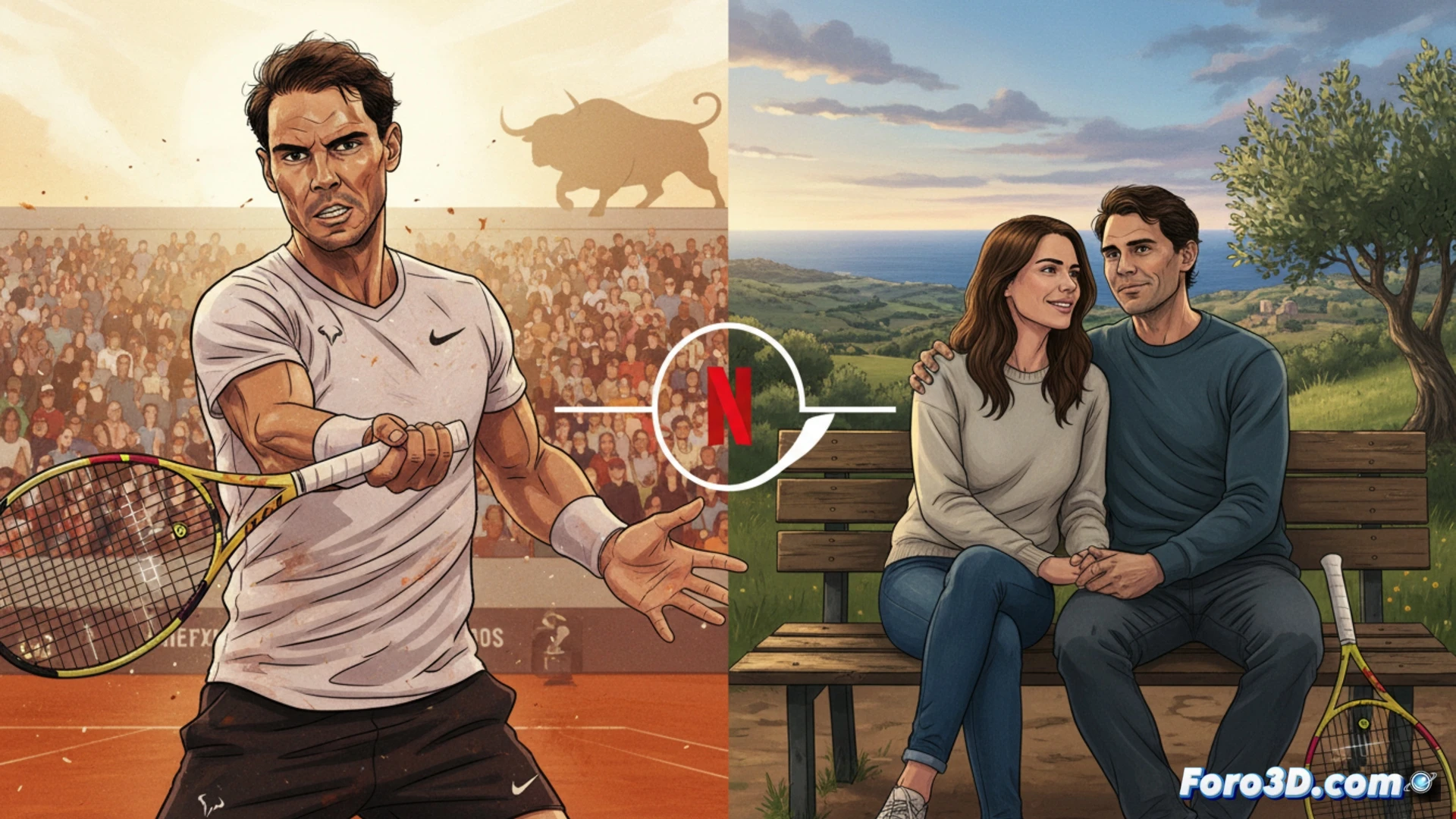 tenista Rafa Nadal en pleno saque sobre tierra batida, sudor corporal visible mientras golpea la pelota con efecto liftado, cámara lenta mostrando la deformación de la raqueta y las partículas de arcilla volando, detalle técnico de la empuñadura desgastada y las cuerdas vibrando, iluminación cálida de estadio al atardecer, estilo cinematográfico hyperrealista, texturas de polvo y fibra de carbono, tonos terracota y azul profundo, profundidad de campo reducida, dramatismo emocional en la expresión facial, photorealistic render