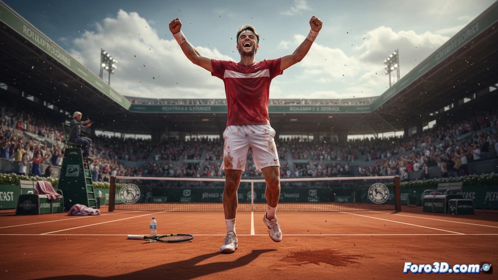 Rafael Jódar celebrando su victoria en Roland Garros, puño en alto mientras la tierra batida vuela desde su zapatilla en un revés a una mano, fondo de arcilla naranja con líneas blancas desgastadas, red de tenis con textura de malla metálica, marcador electrónico apagado al fondo, sudor visible en su camiseta blanca, raqueta con cuerdas vibrantes en pleno impacto, fotografía deportiva cinematográfica, iluminación de estadio con sombras dramáticas, desenfoque de movimiento en la pelota amarilla, gran angular desde el nivel del suelo, realismo fotográfico con alto contraste.