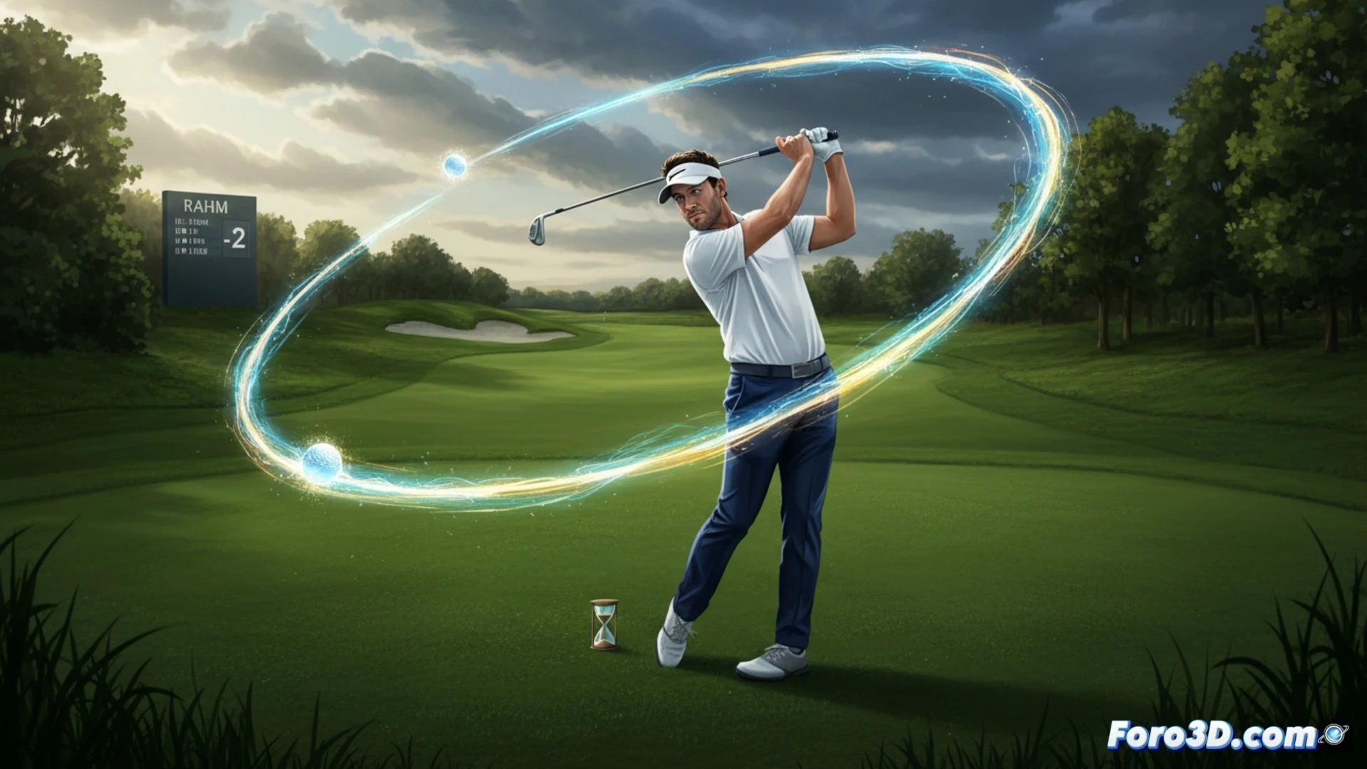golpe de salida de Jon Rahm desde rough espeso, bola elevándose con efecto controlado hacia green inclinado, club de golf en movimiento ascendente, bandera de US Open en fondo, hierba alta y arena en búnker cercano, luz de atardecer dorada contrastando con sombras profundas, estilo cinematográfico photorealistic, cámara baja capturando tensión muscular y trayectoria de la bola, detalles de gramíneas y textura del campo, atmósfera dramática de torneo major