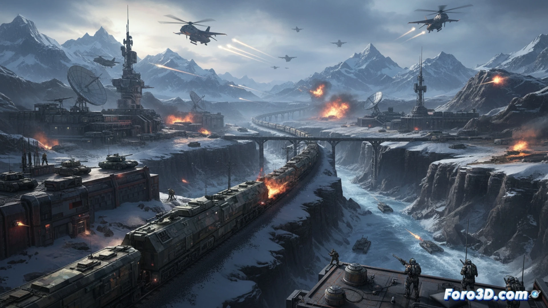 Una vasta estación ferroviaria en Tayikistán bajo tormenta de arena, con trenes blindados y soldados en combate en el mapa más grande de Battlefield 6.