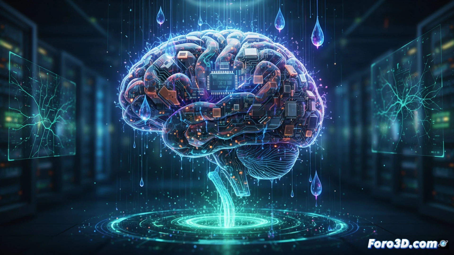 photorealistic engineering visualization of a neuromorphic analog chip cross-section, showing electrical signals flowing directly through memory cells without data movement, glowing synaptic pathways etched into a dark silicon wafer, microscopic transistor clusters firing in parallel like biological neurons, energy efficiency metrics visualized as bright green power waves consuming minimal electricity, floating particle traces of electrons computing inside storage arrays, cinematic macro shot with extreme depth of field, metallic nanoscale textures, blue and amber circuit illumination, ultra-detailed semiconductor architecture