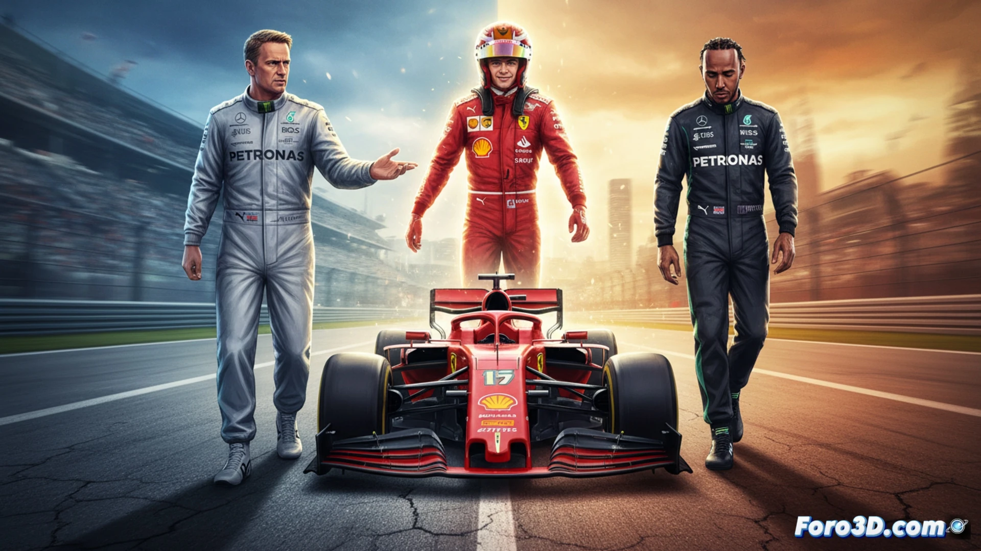Un primer plano de Lewis Hamilton con casco, sombrío, mientras detrás, Oliver Bearman joven y sonriente avanza, simbolizando el relevo generacional en F1.