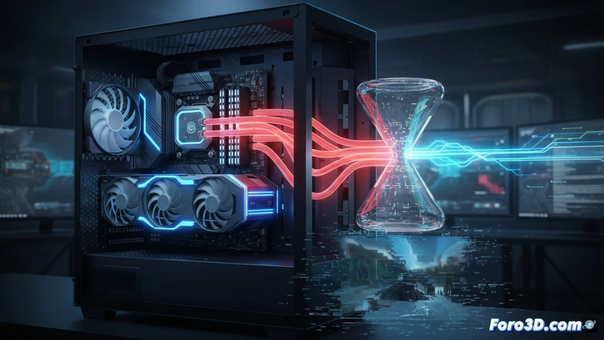 Gaming PC interior con módulos RAM iluminados en rojo y naranja, mostrando un cuello de botella visual representado como un estrechamiento de líneas de datos que fluyen desde la RAM hacia la CPU, mientras un procesador emite calor y un monitor muestra un juego congelado en un microtirón, herramientas de diagnóstico en pantalla indicando uso de memoria al 98 por ciento, canal único activo, latencia alta, placa base con polvo fino y cables desordenados, estilo cinematic photorealistic engineering visualization, iluminación dramática con sombras duras, textura metálica y plástico quemado, ultra-detailed hardware render