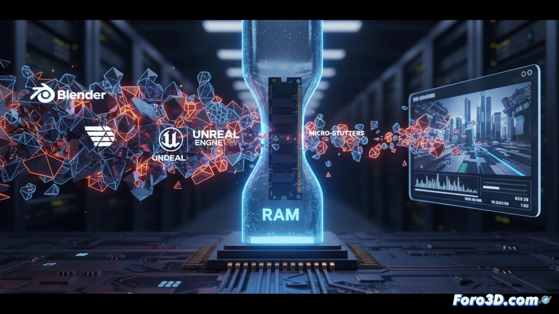 Memoria RAM DDR4 y DDR5 instalada en placa base para renderizado 3D profesional
