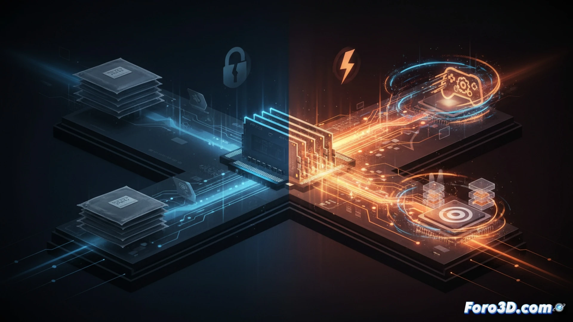 Ilustración de un PC con medidor de RAM lleno al 80%, mostrando iconos de juegos y apps cargando rápido, con texto: RAM llena = velocidad.