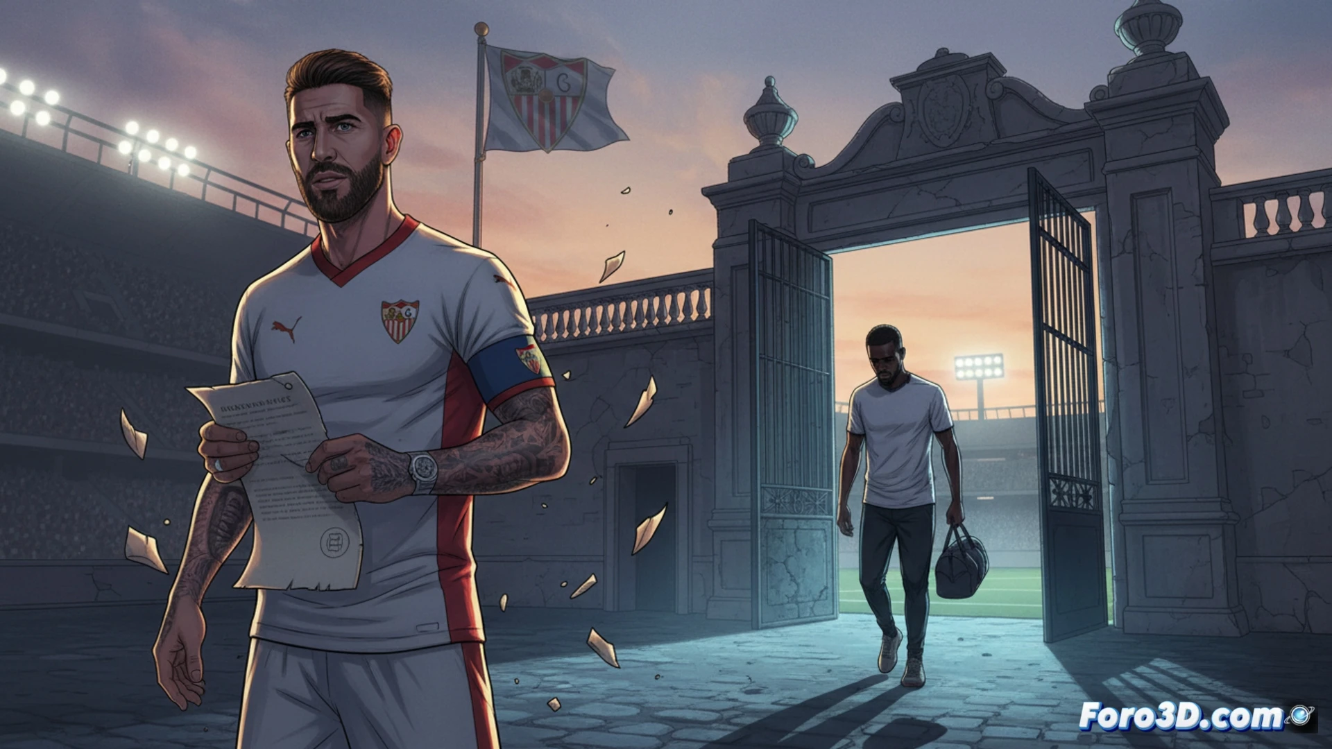 Sergio Ramos en traje oscuro firmando documentos sobre una mesa de juntas, con un plano arquitectónico del estadio Ramón Sánchez Pizjuáriz arrugado a su lado, mientras Batista Mendy camina hacia la salida con una maleta de equipo, fondo de pantallas táctiles apagadas mostrando gráficos financieros en rojo, estilo cinematic photorealistic, iluminación dramática de oficina corporativa, sombras marcadas, textura de papel arrugado y plástico de asientos de estadio reflejado, atmósfera de tensión y ruptura institucional.