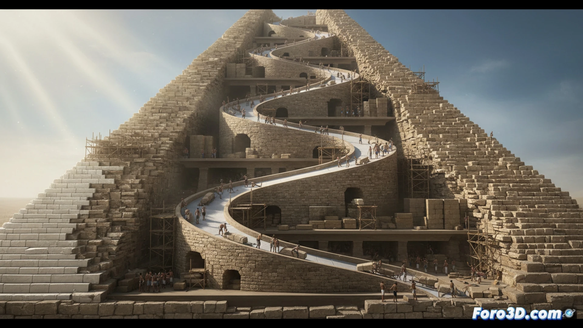 Ancient Egyptian workers pulling limestone blocks along a spiral ramp integrated into the outer edges of the Great Pyramid, ramp surface showing wooden rollers and rope systems, half-built pyramid interior revealing temporary corridors acting as ascending pathways, workers at different elevation levels demonstrating the helical construction process, golden desert sunlight casting dramatic shadows across the structure, photorealistic engineering visualization, ultra-detailed stone textures, precise geometric alignment of ramp edges with pyramid corners, dust particles suspended in warm air, cinematic wide-angle shot emphasizing the helical motion, technical illustration style with cutaway view exposing internal ramp structure