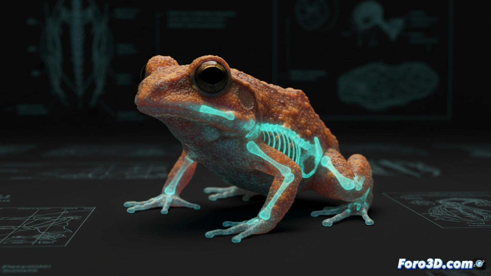 Esqueleto fluorescente de rana calabaza de Rotenberg bajo luz ultravioleta, modelo 3D anatómico