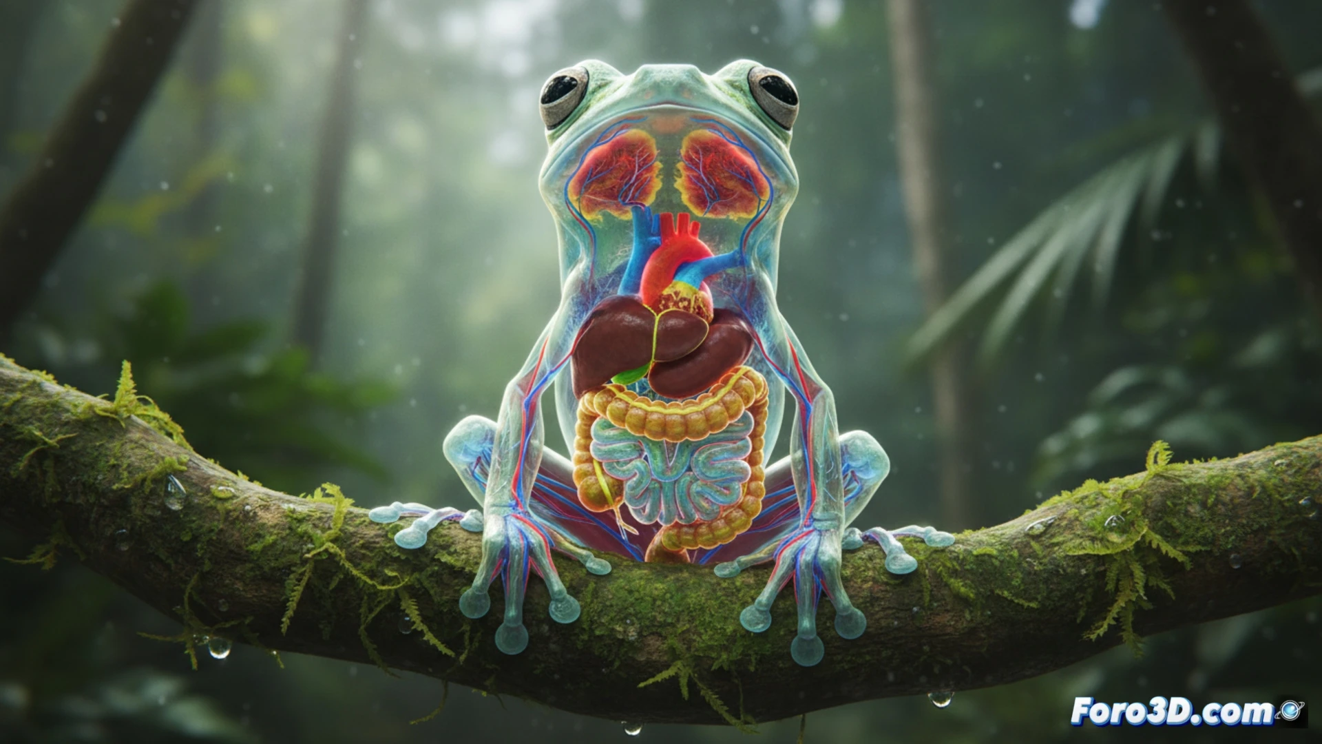 Rana de cristal Hyalinobatrachium dianae modelo 3D anatómico transparente con órganos visibles para divulgación científica