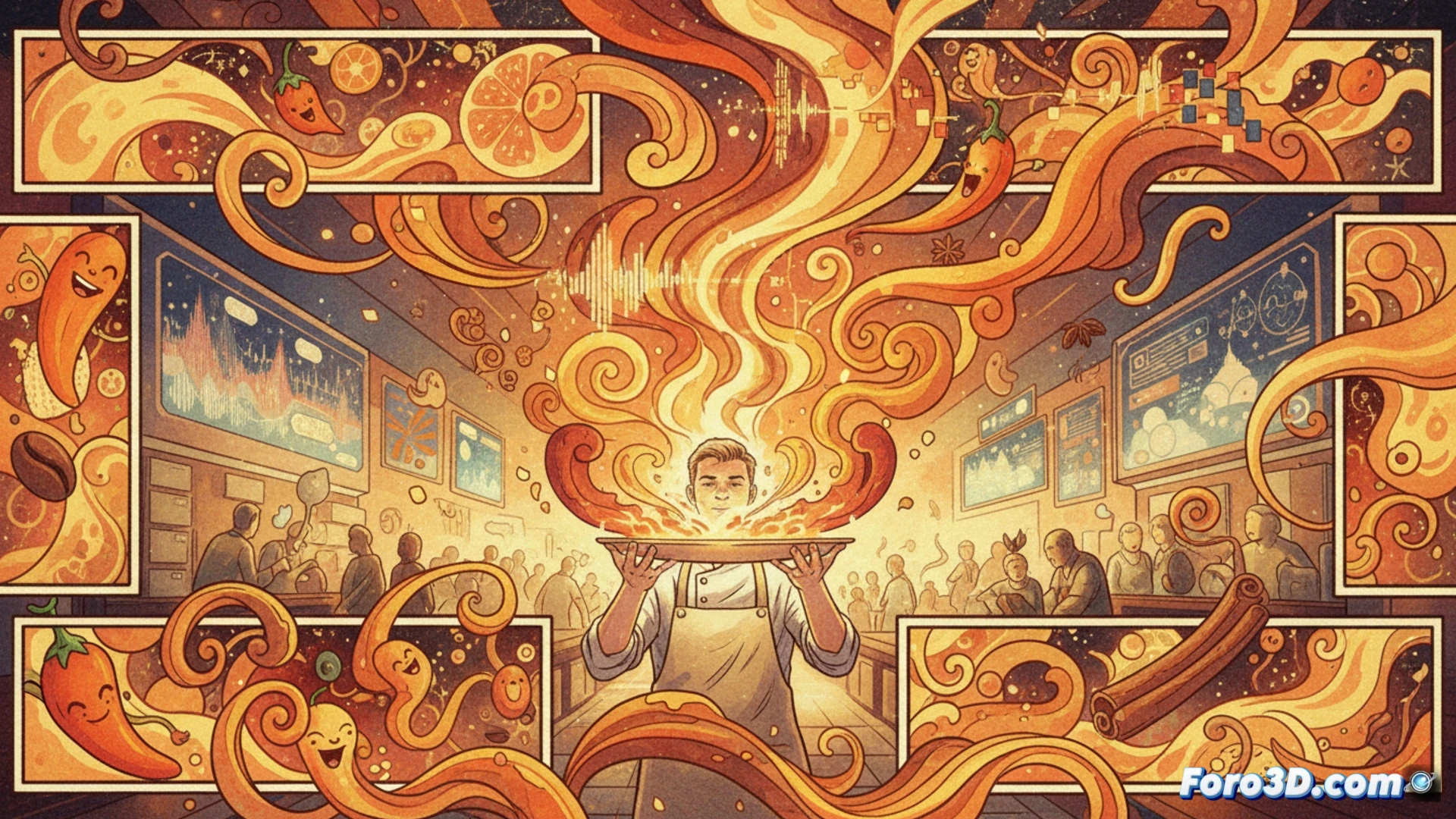 Acuarela digital texturizada de un demonio chef cocinando en un paisaje indio con colores cálidos
