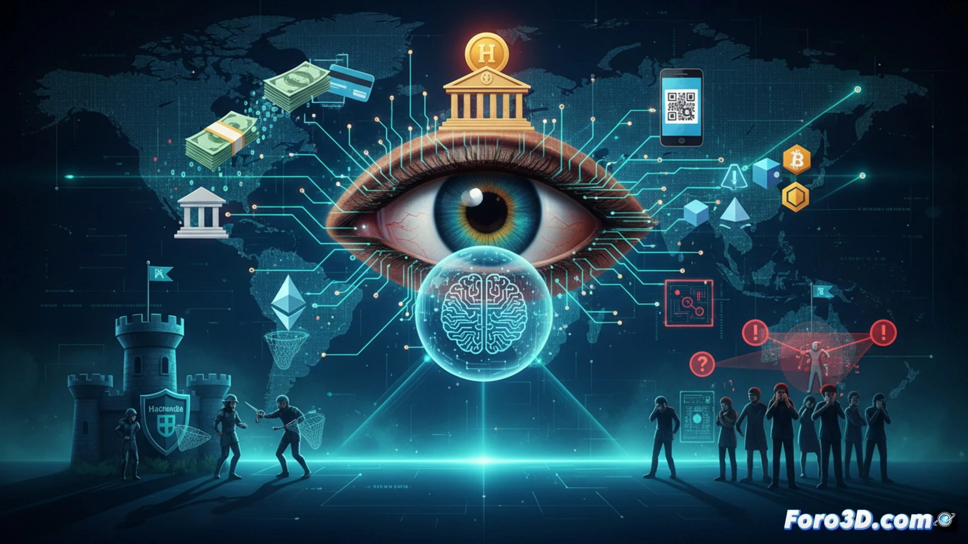 Un ojo cibernético digital sobre un mapa financiero, con datos bancarios y criptomonedas cruzados por IA en tiempo real.