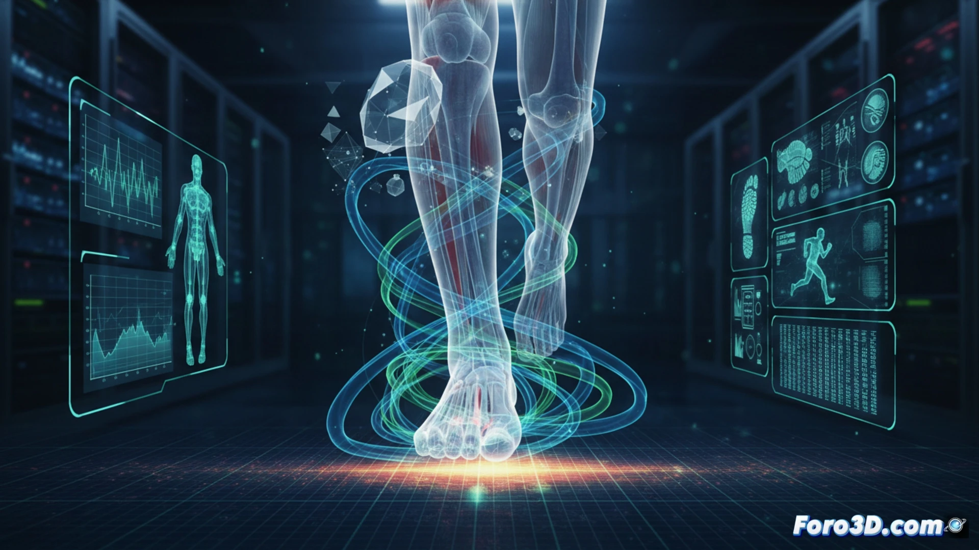 Simulación 3D de huellas descalzas sobre superficie virtual, mostrando trayectorias biomecánicas en movimiento.