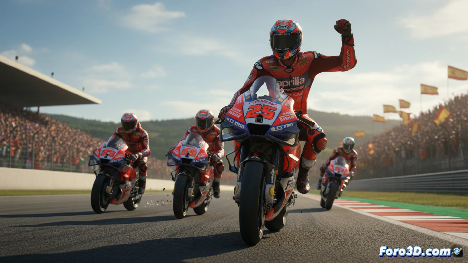 Raúl Fernández MotoGP bike number 25 leading at Mugello circuit during sprint race, front wheel lifted slightly under hard acceleration exiting Bucine corner, rear tire smoking, Jorge Martín bike number 89 following closely in second position, Fabio Di Giannantonio bike number 49 in third, Marc Márquez bike number 93 falling back in fourth, Tuscan hillside with cypress trees in background, grandstands with Italian flags, cinematic motorsport photography style, golden hour sunlight casting long shadows, high-speed motion blur on asphalt and grass, spark from footpeg scraping, photorealistic racing render, dramatic contrast between bright track and dark mechanical shadows