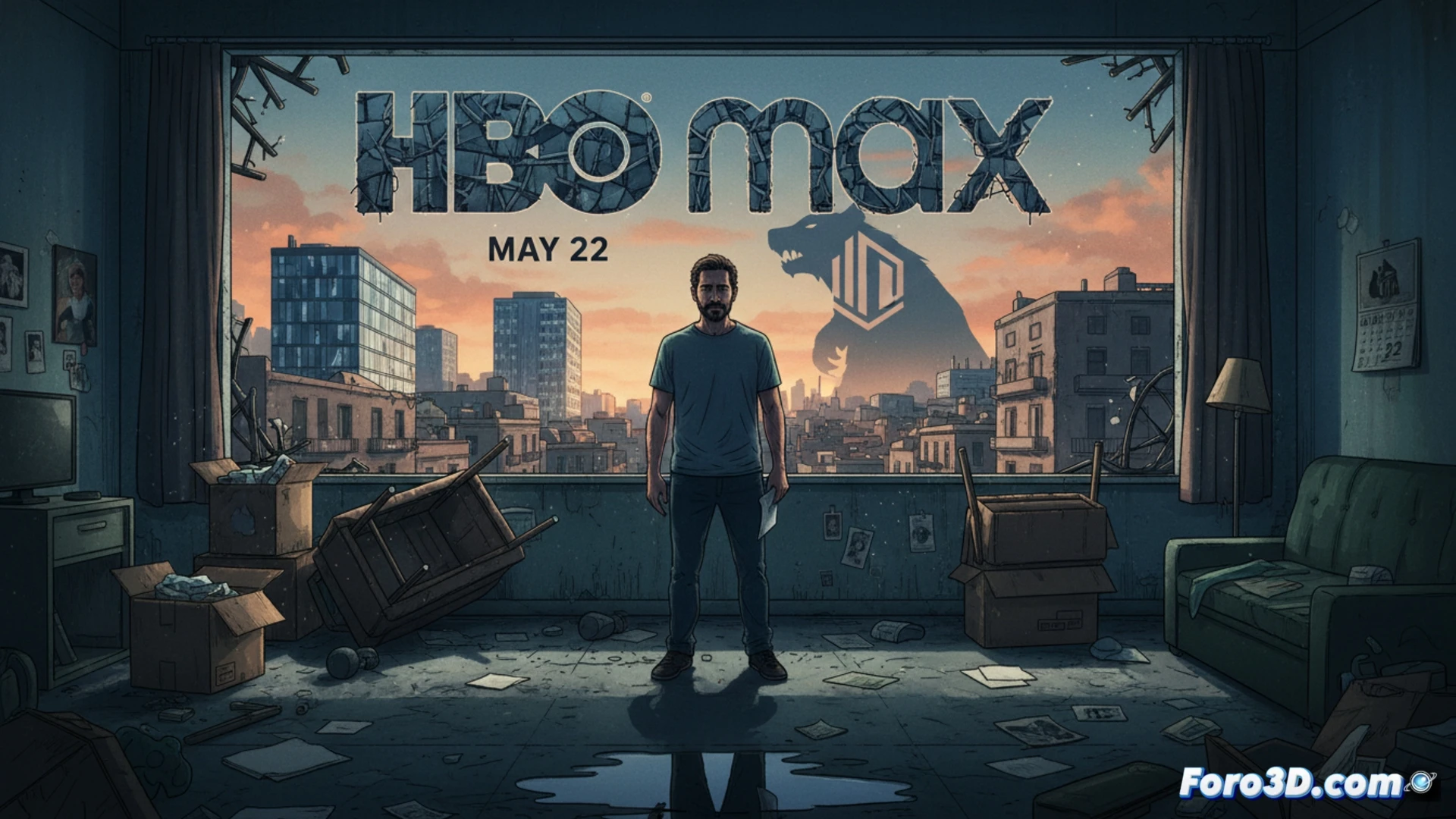 hyperrealistic cinematic scene of a family being evicted from a Barcelona apartment, a faceless corporate investor in a suit holding a foreclosure document, a glowing laptop showing HBO Max streaming interface beside a pile of moving boxes, a hammer breaking a padlock mid-action, crumbling plaster wall with exposed bricks, dramatic chiaroscuro lighting, deep shadows, photorealistic technical illustration, raw urban texture, cold blue and amber contrast, high-angle shot emphasizing power imbalance, ultra-detailed expressions of despair, motion blur on falling personal belongings