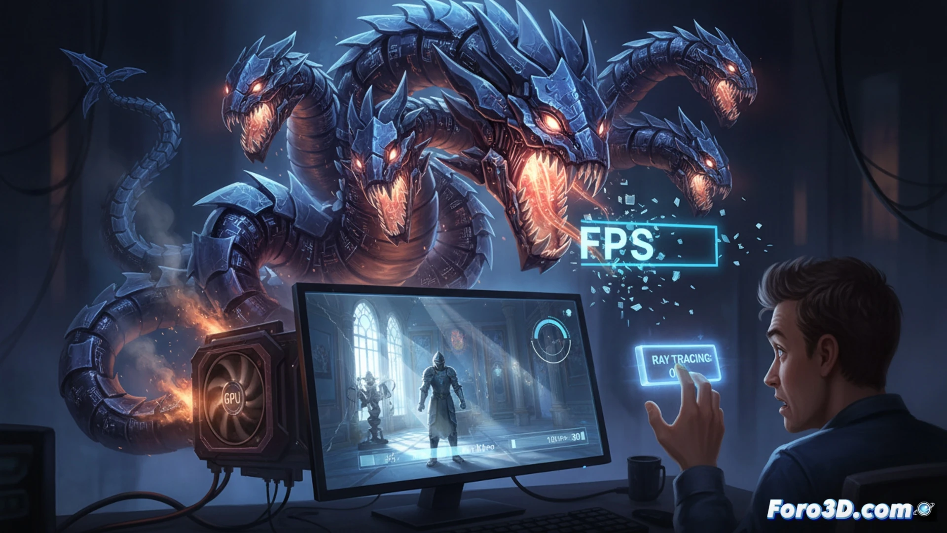 Una pantalla de PC gaming muestra dos mitades: izquierda con ray tracing activado, reflejos nítidos; derecha sin él, opaca. Un medidor de FPS cae drásticamente.