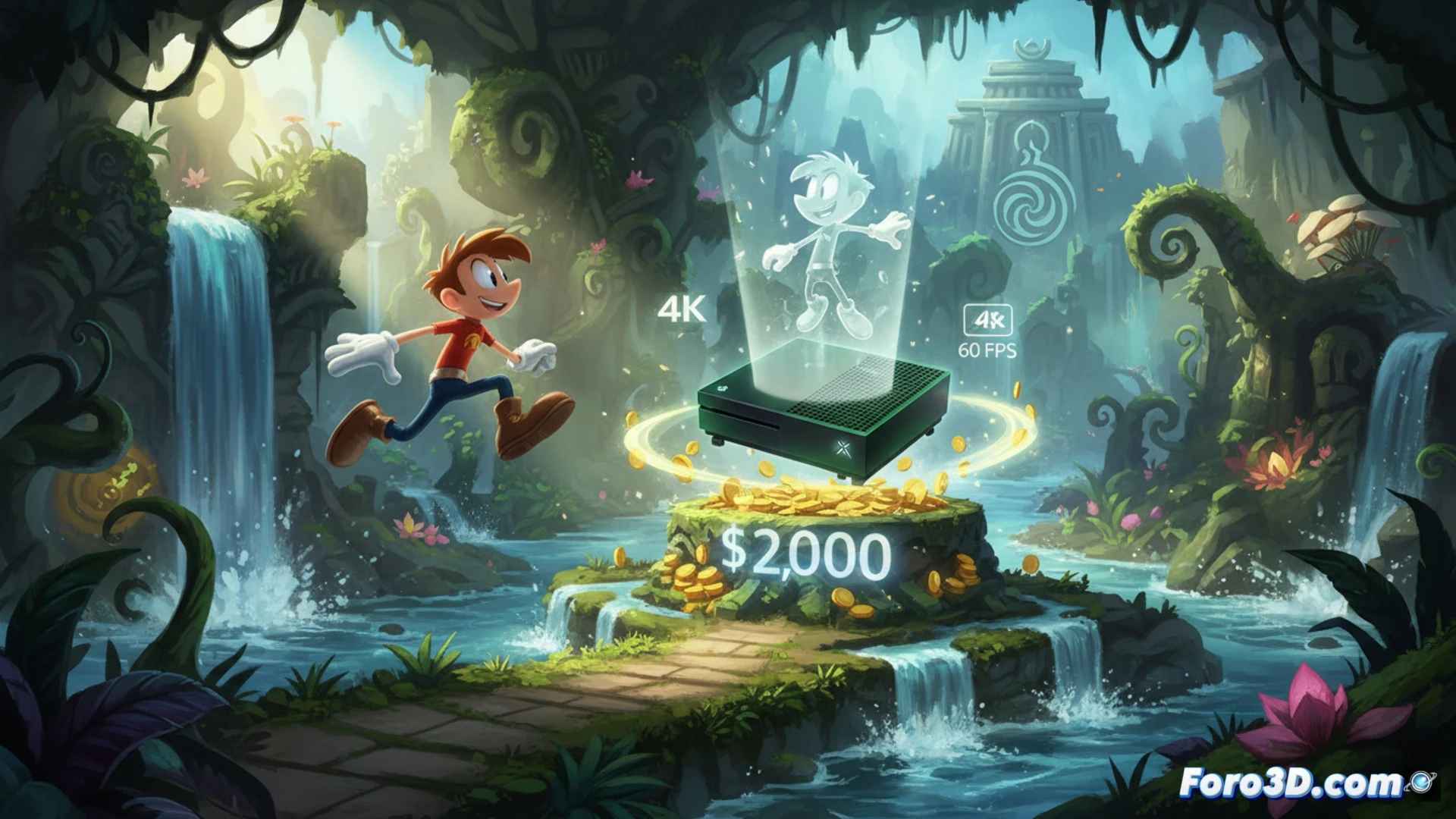 Retro game cover art fading into a modern digital storefront interface, Rayman character mid-air dashing through a glowing portal labeled with a 4K resolution badge and 60 FPS counter, Xbox console hardware partially visible beneath a shimmering price tag of 2000 dollars, neon green energy trails tracing the character's motion, cinematic engineering visualization, ultra-detailed pixel texture morphing into smooth high-poly model, dramatic spotlight highlighting the transformation, photorealistic technical render with holographic UI elements.