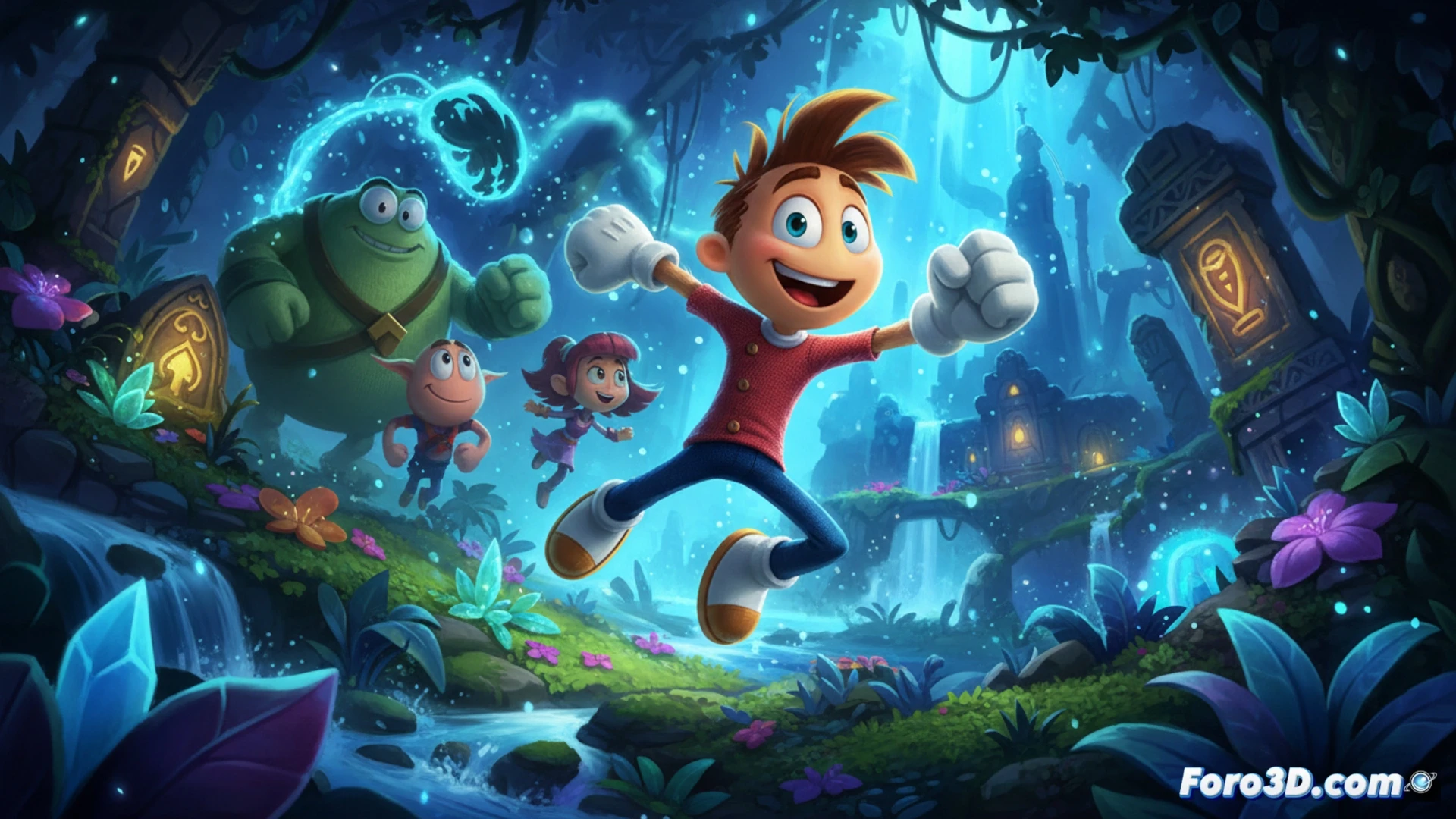 Rayman Origins Enhanced Edition running in native 4K resolution on a next-gen console, four player characters leaping through a lush jungle level during cooperative local multiplayer, glowing 60 FPS performance indicator overlaying the action, hidden collectible objects shimmering mid-air as a player grabs them, cinematic technical visualization, vibrant painterly art style, smooth motion blur trails behind characters, ultra-detailed foliage and water reflections, photorealistic lighting on organic environments, dynamic particle effects from explosions and dust