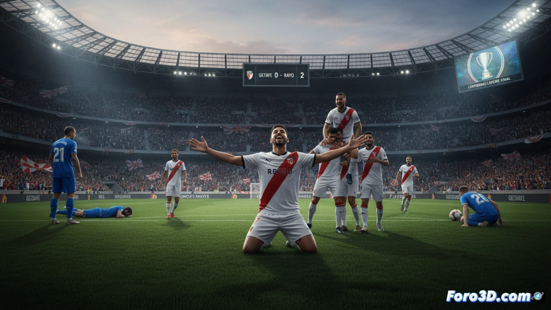 Jugadores del Rayo Vallecano celebran un gol en el campo del Getafe, con el marcador 0-2 y afición al fondo.
