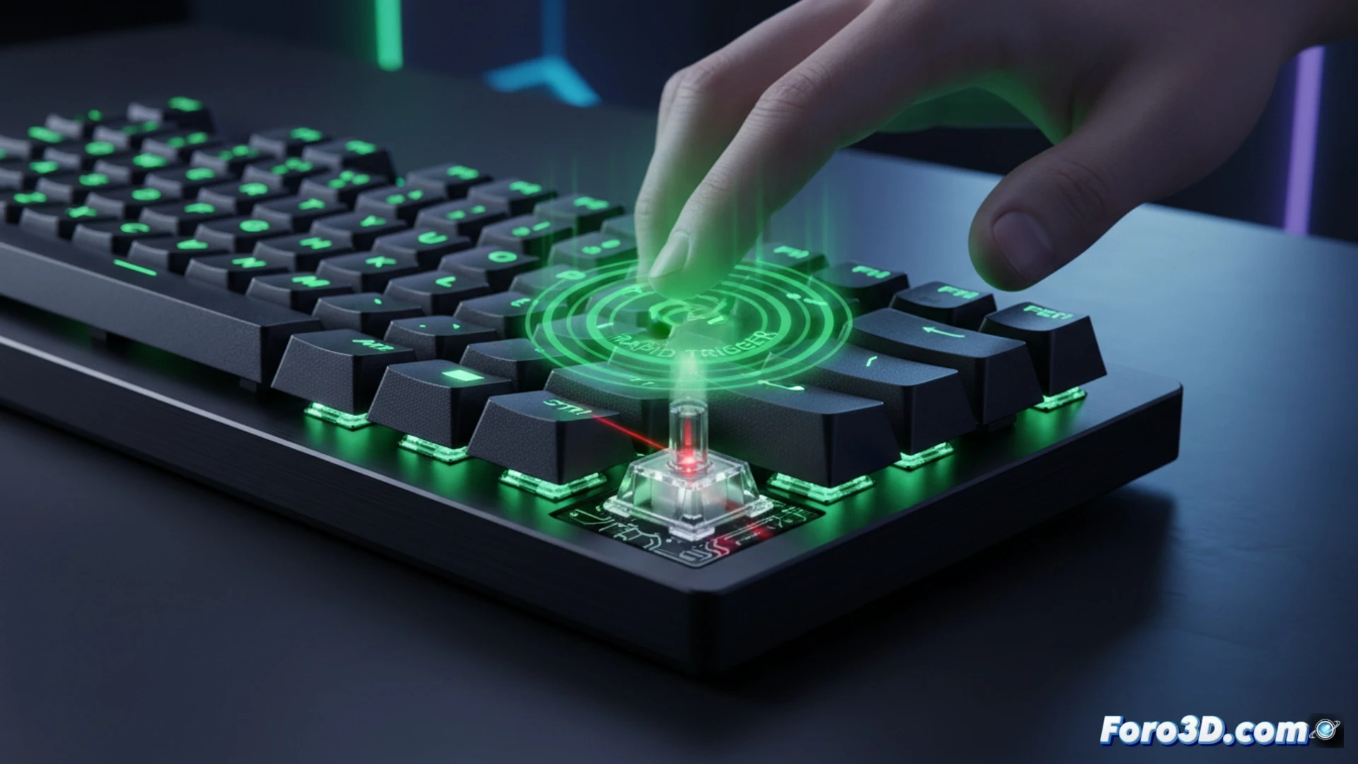 gaming keyboard optical switch mechanism close-up, finger pressing keycap with minimal downward motion, glowing red laser beam inside switch housing detecting micro-movement, rapid trigger activation graph overlay showing instant response curve, circuit board traces visible beneath translucent key, competitive esports environment background with blurred RGB lighting, cinematic engineering visualization, dramatic side lighting highlighting keycap texture and switch internals, motion blur on fingertip, ultra-detailed mechanical components, photorealistic technical render