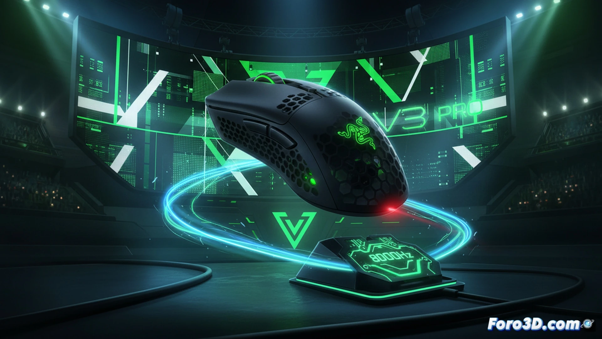 Razer Viper V3 Pro mouse mid-air during a fast competitive gaming flick shot, weight scale showing 54 grams next to the mouse, sensor lens emitting red laser beam with 35000 DPI label graphic overlay, wireless signal waves pulsing from the mouse to a gaming monitor displaying a first-person shooter aiming reticle, motion blur trails behind the mouse demonstrating zero latency, Focus Pro sensor internal components exposed in cutaway view, 8000Hz polling rate visualization as rapid digital pulses, carbon fiber texture on ultralight shell, photorealistic technical illustration, dramatic blue and red neon lighting, ultra-sharp macro detail on switches and scroll wheel, engineering visualization style