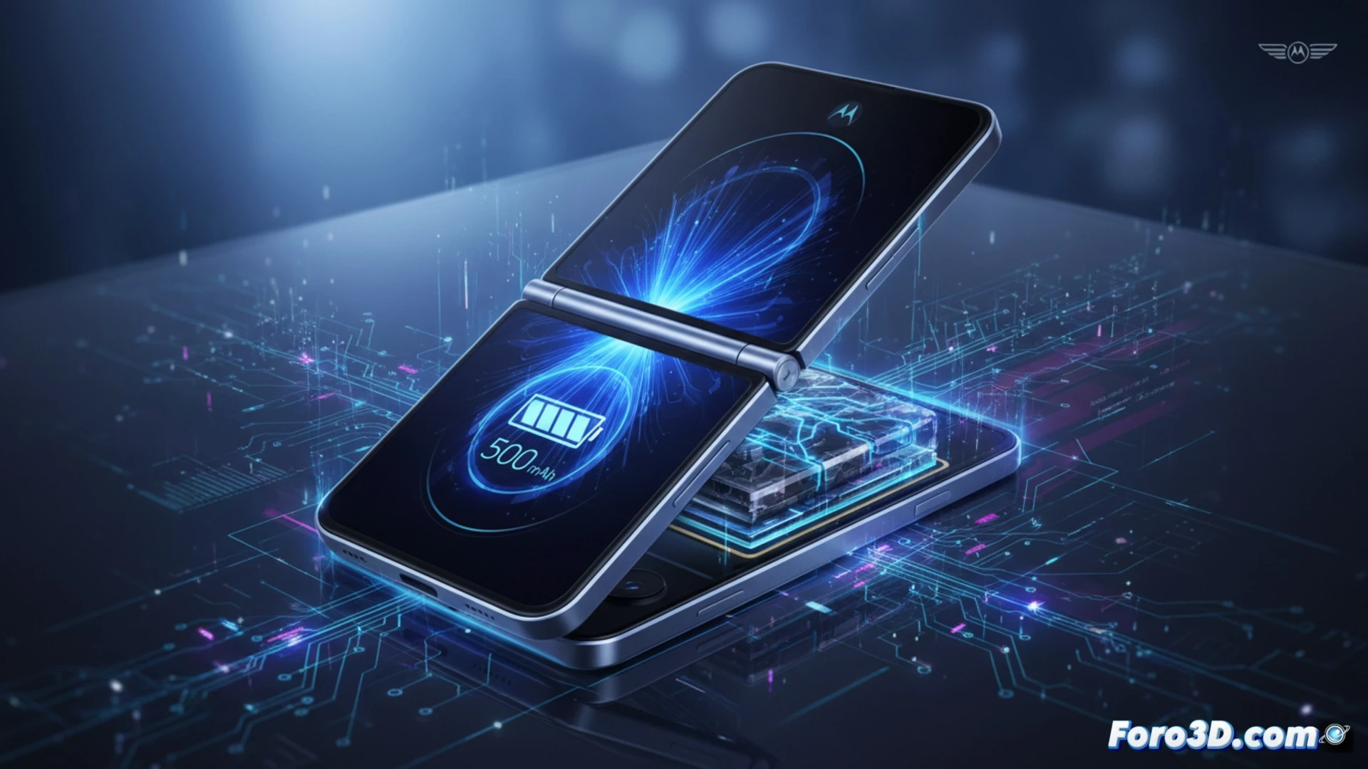 Motorola Razr Ultra 2026 opened on a white lab table, charging cable plugged in, glowing battery icon on folded screen showing 5000mAh capacity, engineer’s gloved hand placing a silicon-carbon battery cell next to the device, cross-section hologram of the battery floating above with visible layered anode structure, same sleek metallic hinge and dual-screen design unchanged from previous model, technical illustration style, cool blue and silver lighting, high-contrast shadows, precise component details, photorealistic engineering visualization