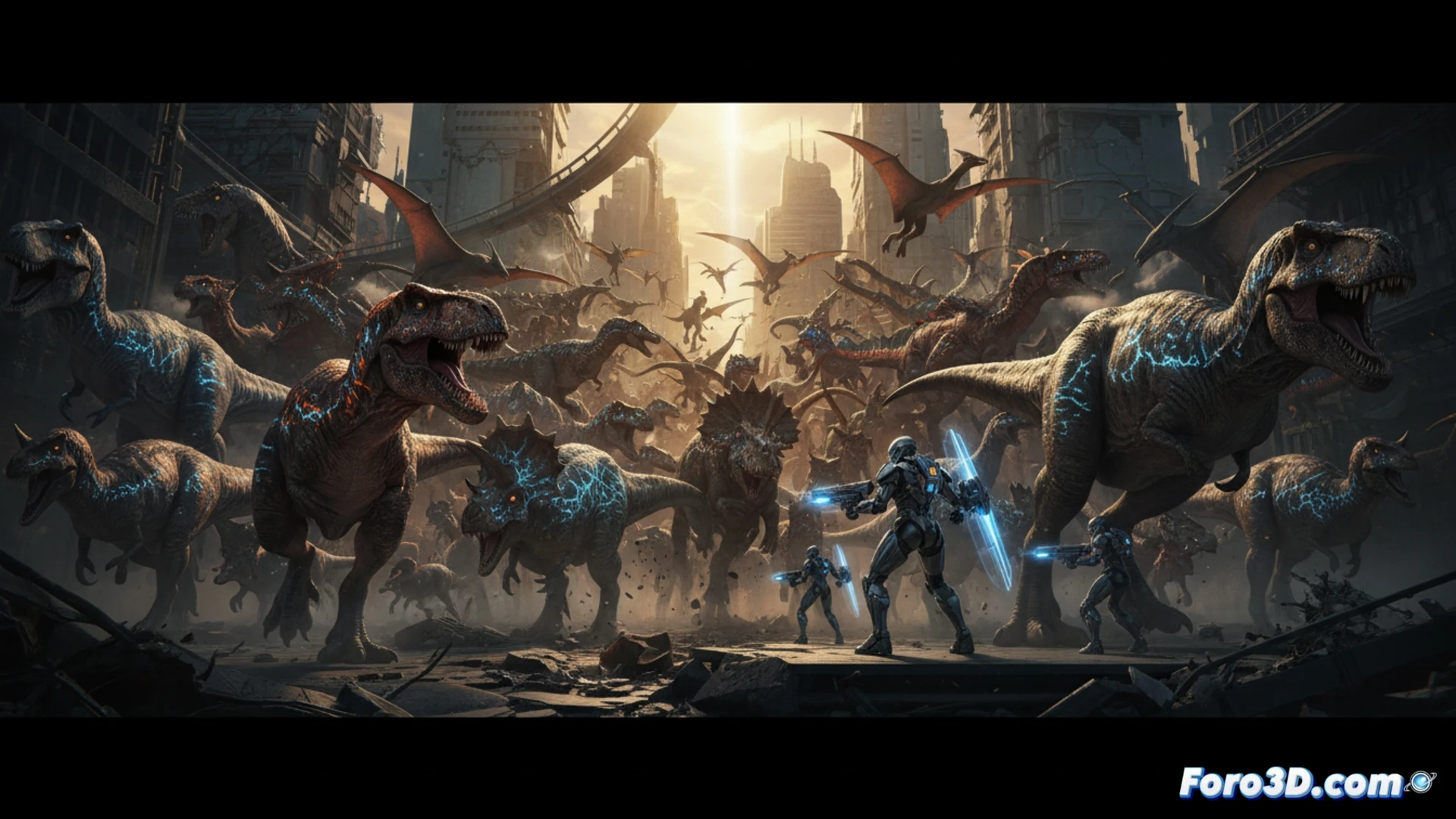 Exoprimal RE Engine renderizando diez mil dinosaurios en pantalla con iluminación dinámica y alto framerate