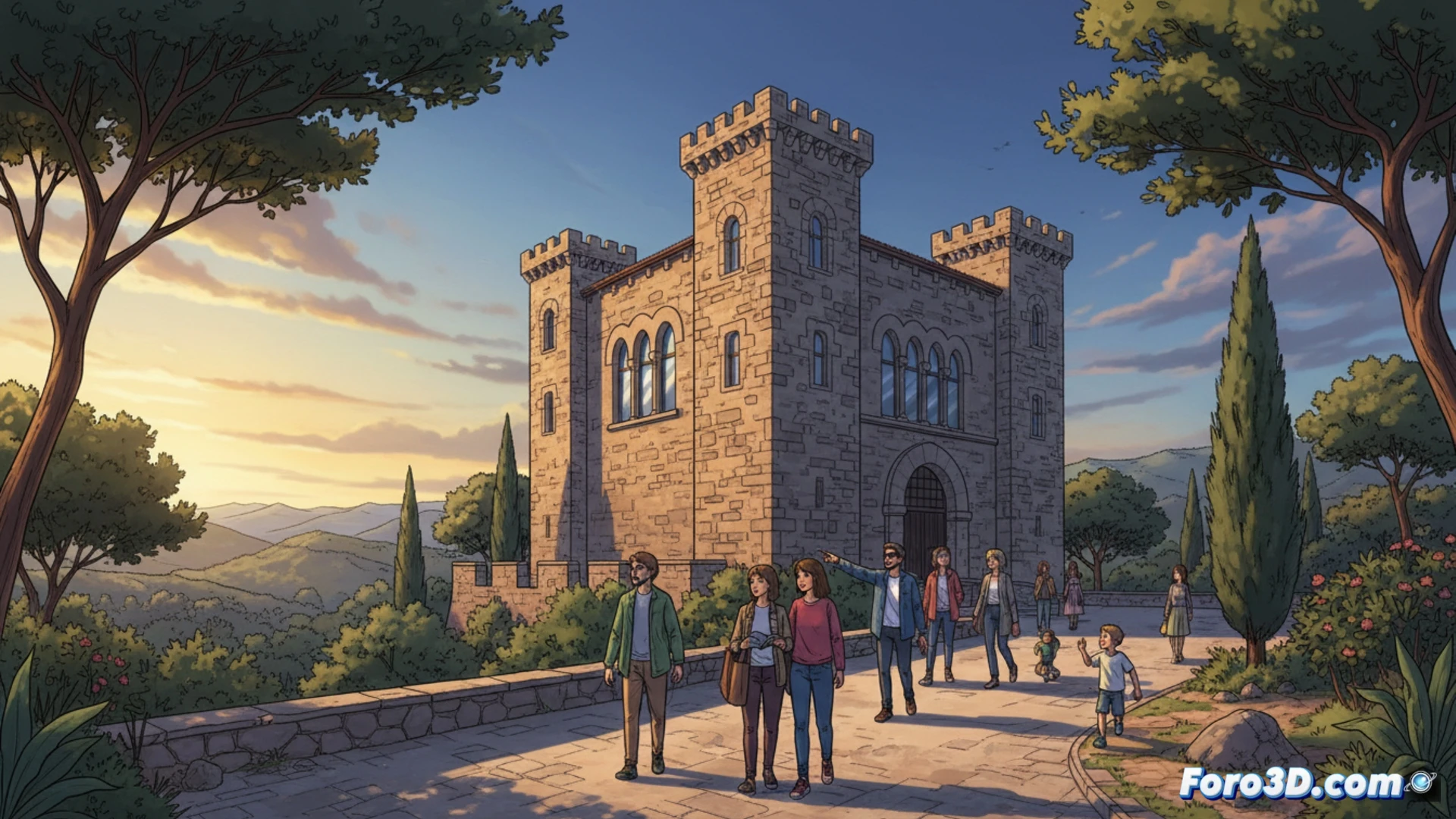 Restored stone tower on Collserola ridge, visitors walking up spiral staircase inside Torre Baró castle, sunlight streaming through narrow arrow-slit windows, historicist architectural details like crenellations and pointed arches, restoration scaffolding partially visible on exterior, workers inspecting newly reinforced stone walls, panoramic view of Barcelona through upper observation deck, cinematic photorealistic architectural photography, warm golden hour lighting, deep shadows emphasizing medieval-revival stone texture, ultra-detailed masonry joints and ironwork, dramatic sky with clouds over city