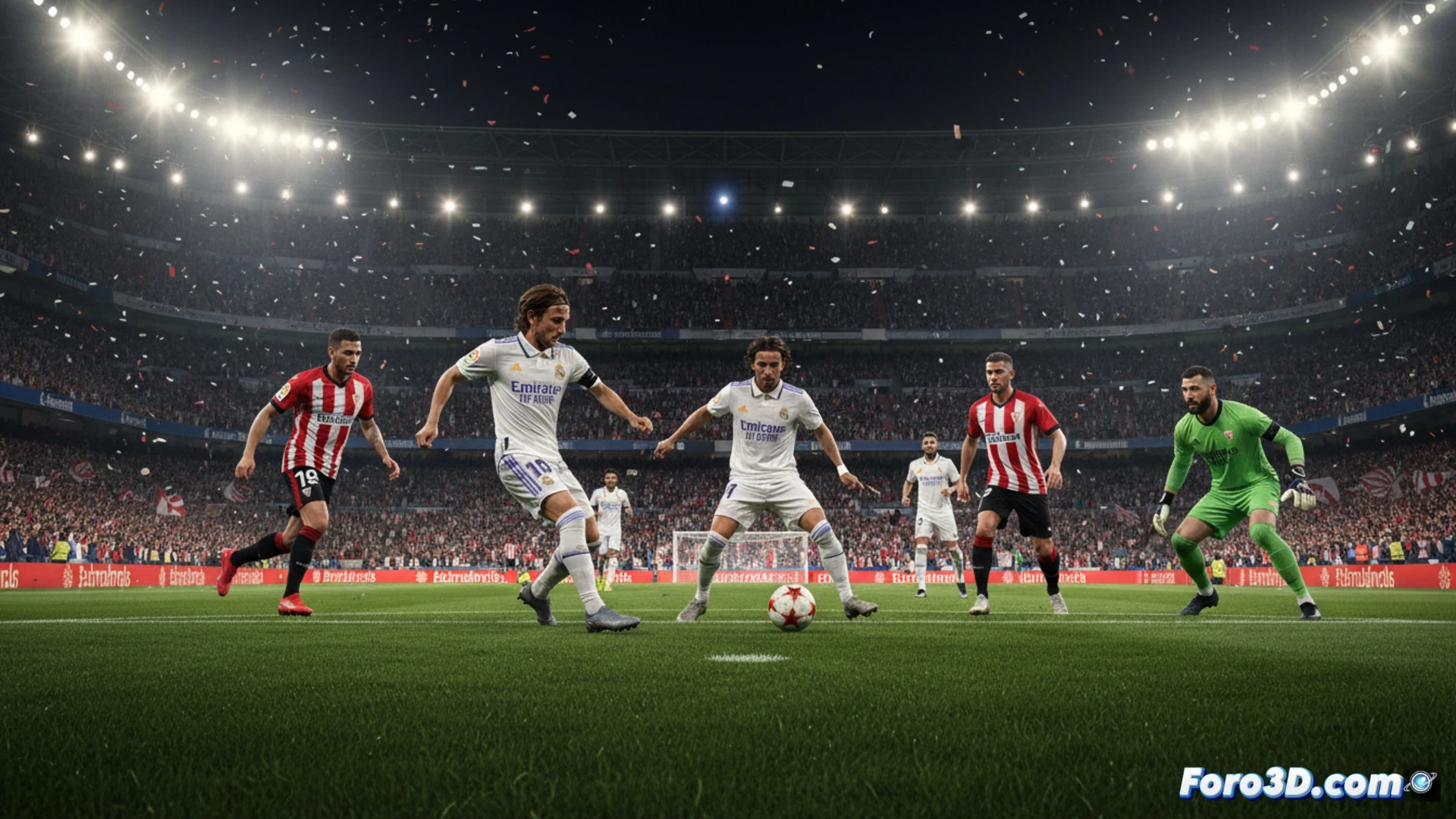 Jugadores del Real Madrid en el campo del Sevilla, con el estadio Ramón Sánchez Pizjuán de fondo y el balón en juego, reflejando intensidad y concentración.